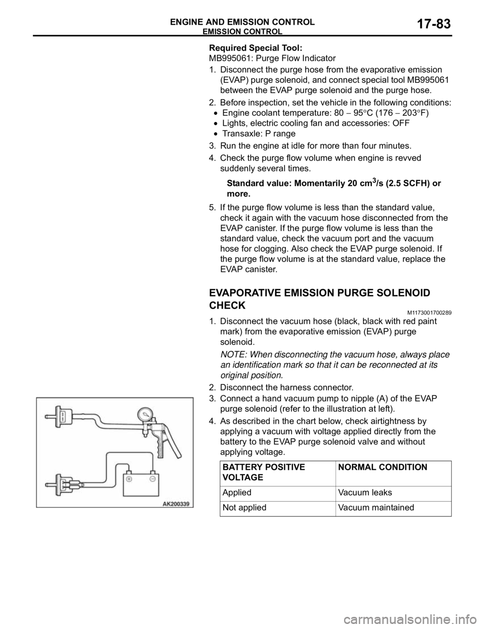 MITSUBISHI 380 2005 Workshop Manual EMISSION CONTROL
ENGINE AND EMISSION CONTROL17-83
Required Special Tool:
MB995061: Purge Flow Indicator
1. Disconnect the purge hose from the evaporative emission
(EVAP) purge solenoid, and connect s MITSUBISHI 380 2005 Workshop Manual EMISSION CONTROL
ENGINE AND EMISSION CONTROL17-83
Required Special Tool:
MB995061: Purge Flow Indicator
1. Disconnect the purge hose from the evaporative emission
(EVAP) purge solenoid, and connect s