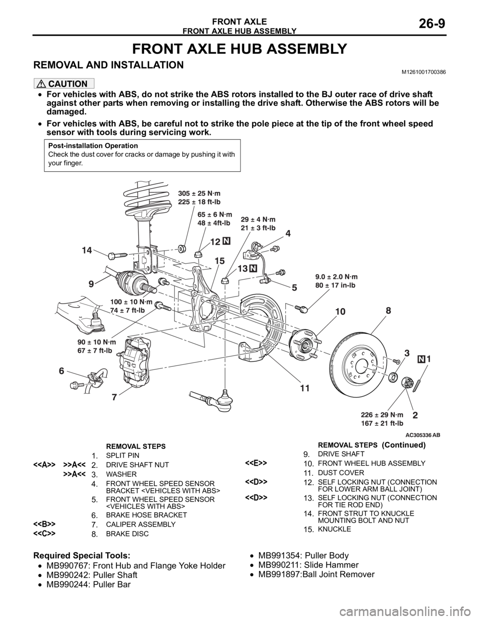 MITSUBISHI 380 2005 User Guide FRONT AXLE HUB ASSEMBLY
FRONT AXLE26-9
FRONT AXLE HUB ASSEMBLY
REMOVAL AND INSTALLATIONM1261001700386
For vehicles with ABS, do not strike the ABS rotors installed to the BJ outer race of drive shaft MITSUBISHI 380 2005 User Guide FRONT AXLE HUB ASSEMBLY
FRONT AXLE26-9
FRONT AXLE HUB ASSEMBLY
REMOVAL AND INSTALLATIONM1261001700386
For vehicles with ABS, do not strike the ABS rotors installed to the BJ outer race of drive shaft