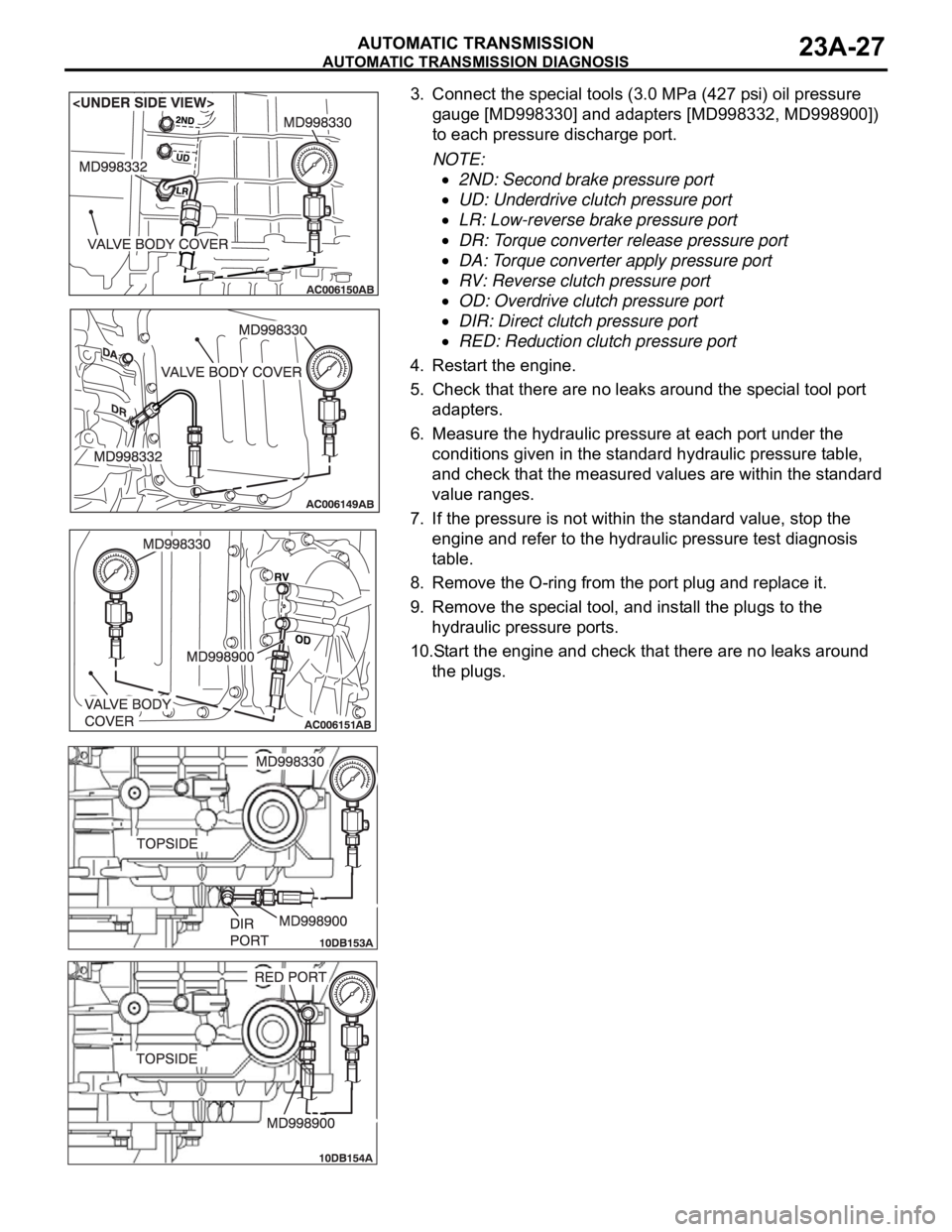 MITSUBISHI 380 2005  Workshop Manual AUTOMATIC TRANSMISSION DIAGNOSIS
AUTOMATIC TRANSMISSION23A-27
3. Connect the special tools (3.0 MPa (427 psi) oil pressure 
gauge [MD998330] and adapters [MD998332, MD998900]) 
to each pressure discha