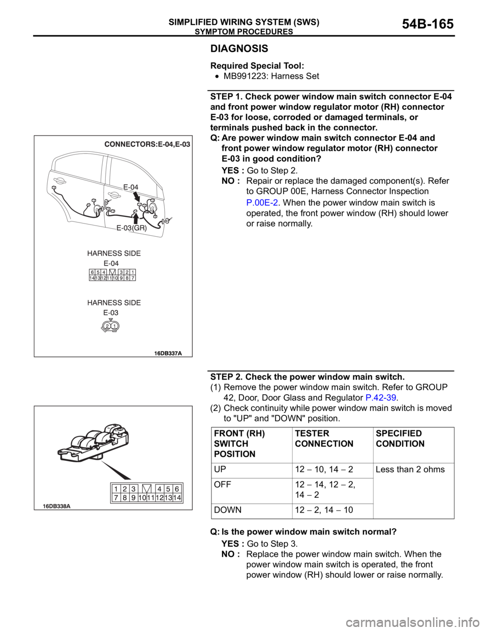 MITSUBISHI 380 2005 Workshop Manual SYMPTOM PROCEDURES
SIMPLIFIED WIRING SYSTEM (SWS)54B-165
DIAGNOSIS
Required Special Tool:
MB991223: Harness Set
STEP 1. Check power window main switch connector E-04
and front power window regulator MITSUBISHI 380 2005 Workshop Manual SYMPTOM PROCEDURES
SIMPLIFIED WIRING SYSTEM (SWS)54B-165
DIAGNOSIS
Required Special Tool:
MB991223: Harness Set
STEP 1. Check power window main switch connector E-04
and front power window regulator