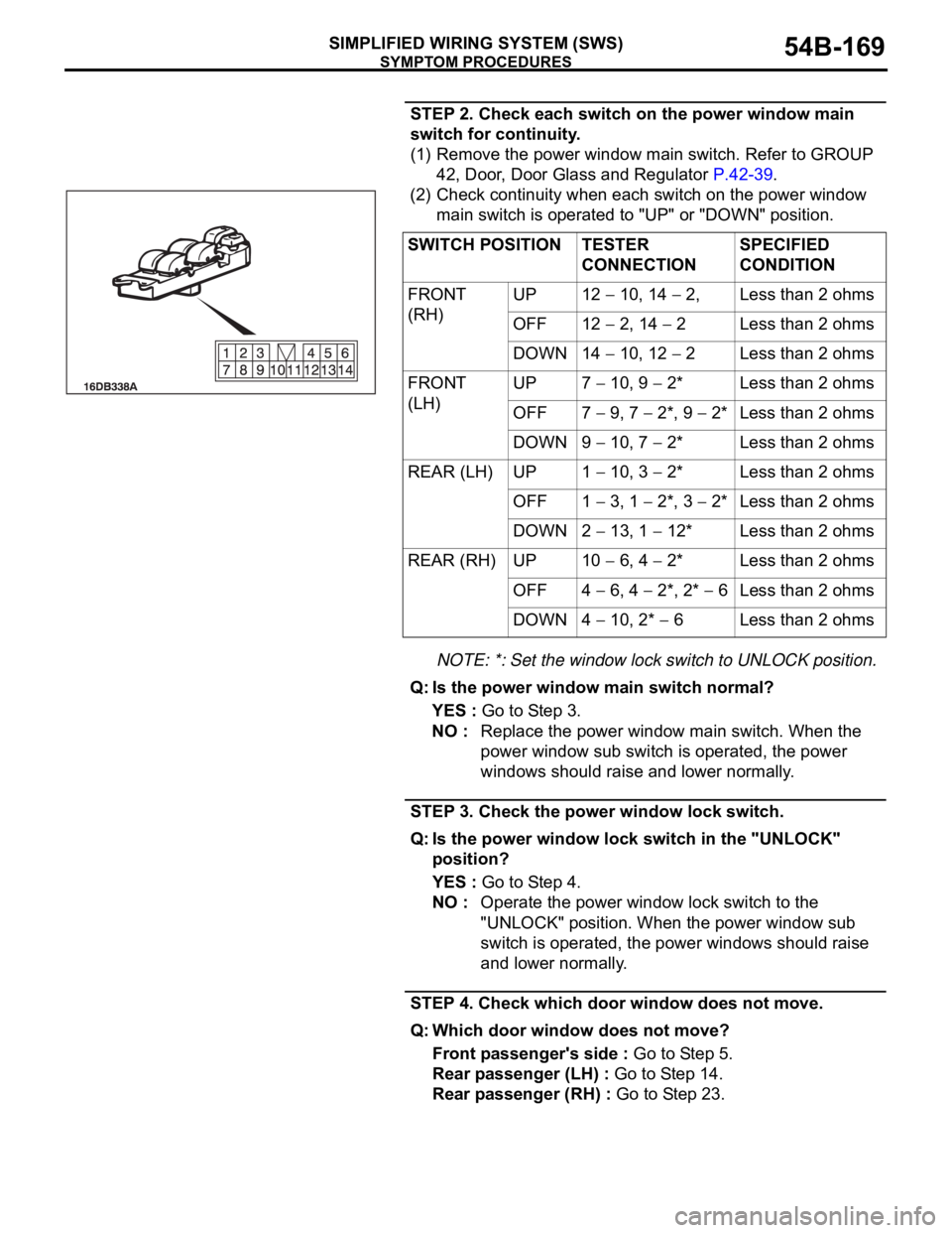 MITSUBISHI 380 2005 Workshop Manual SYMPTOM PROCEDURES
SIMPLIFIED WIRING SYSTEM (SWS)54B-169
STEP 2. Check each switch on the power window main
switch for continuity.
(1) Remove the power window main switch. Refer to GROUP
42, Door, D MITSUBISHI 380 2005 Workshop Manual SYMPTOM PROCEDURES
SIMPLIFIED WIRING SYSTEM (SWS)54B-169
STEP 2. Check each switch on the power window main
switch for continuity.
(1) Remove the power window main switch. Refer to GROUP
42, Door, D