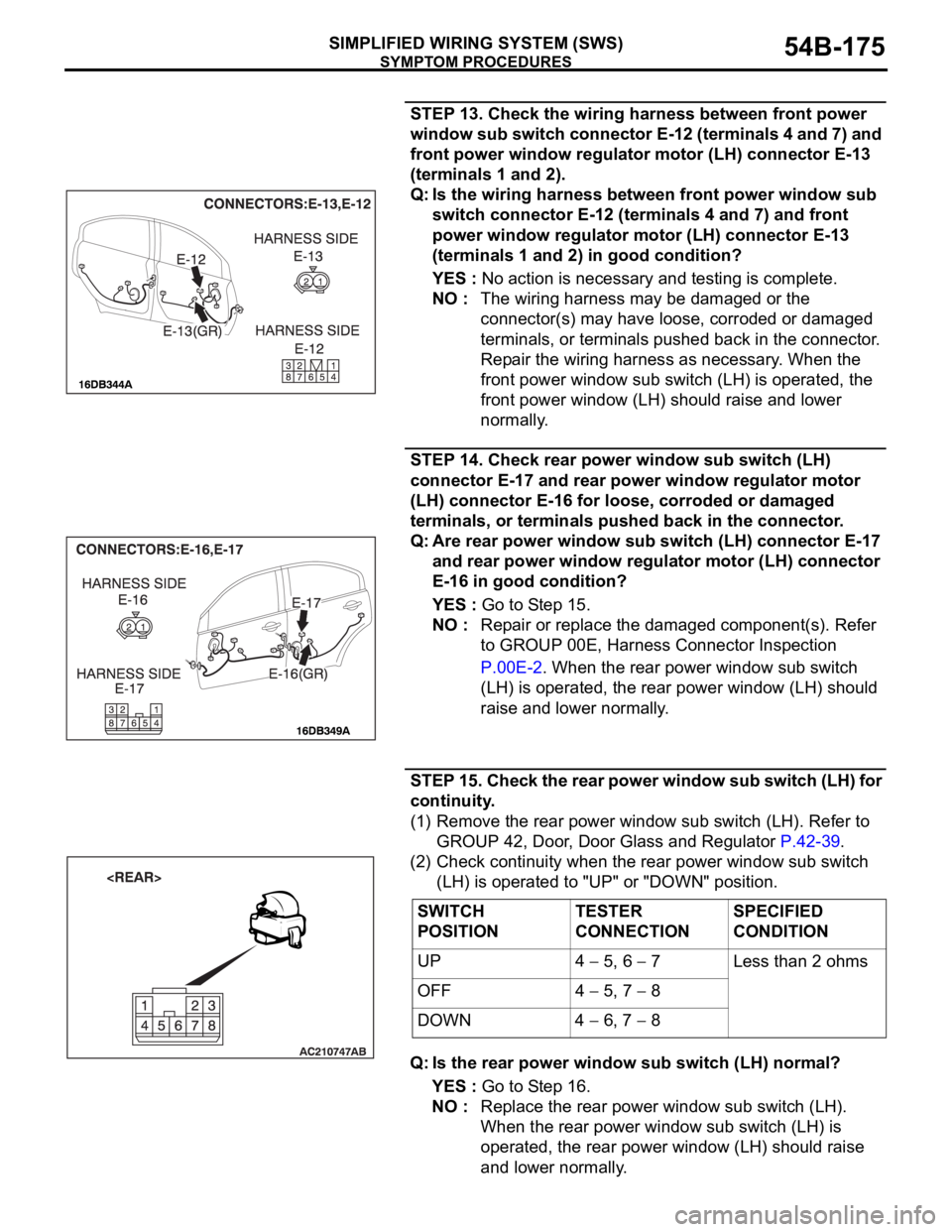 MITSUBISHI 380 2005 Owners Guide SYMPTOM PROCEDURES
SIMPLIFIED WIRING SYSTEM (SWS)54B-175
STEP 13. Check the wiring harness between front power
window sub switch connector E-12 (terminals 4 and 7) and
front power window regulator m MITSUBISHI 380 2005 Owners Guide SYMPTOM PROCEDURES
SIMPLIFIED WIRING SYSTEM (SWS)54B-175
STEP 13. Check the wiring harness between front power
window sub switch connector E-12 (terminals 4 and 7) and
front power window regulator m
