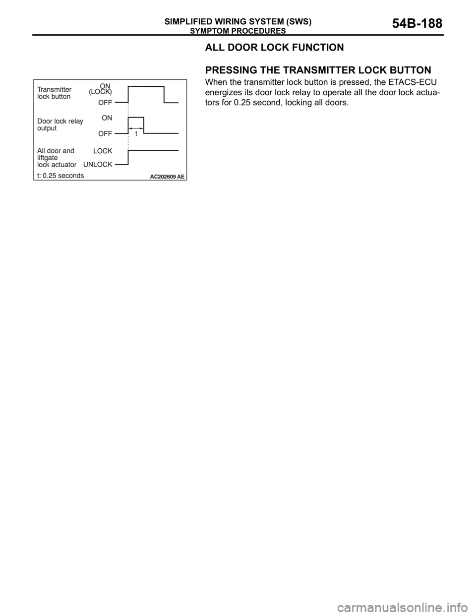 MITSUBISHI 380 2005 Owners Manual SYMPTOM PROCEDURES
SIMPLIFIED WIRING SYSTEM (SWS)54B-188
ALL DOOR LOCK FUNCTION
.
PRESSING THE TRANSMITTER LOCK BUTTON
When the transmitter lock button is pressed, the ETACS-ECU
energizes its door lo MITSUBISHI 380 2005 Owners Manual SYMPTOM PROCEDURES
SIMPLIFIED WIRING SYSTEM (SWS)54B-188
ALL DOOR LOCK FUNCTION
.
PRESSING THE TRANSMITTER LOCK BUTTON
When the transmitter lock button is pressed, the ETACS-ECU
energizes its door lo