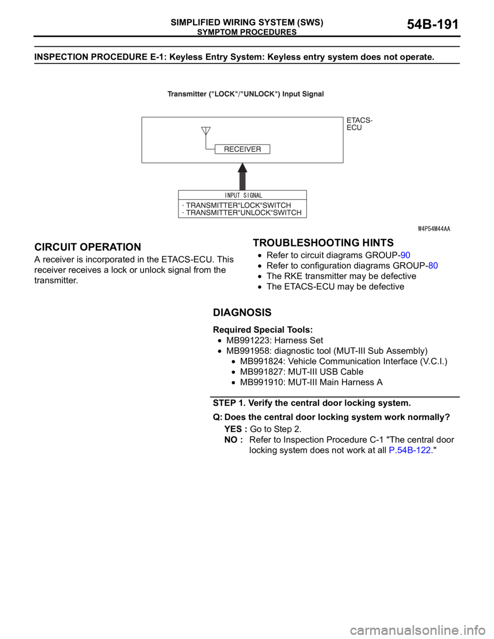 MITSUBISHI 380 2005  Workshop Manual SYMPTOM PROCEDURES
SIMPLIFIED WIRING SYSTEM (SWS)54B-191
INSPECTION PROCEDURE E-1: Keyless Entry System: Keyless entry system does not operate.
.
CIRCUIT OPERATION
A receiver is incorporated in the ET