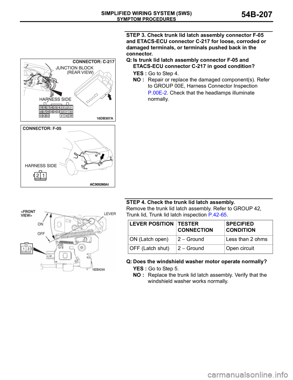 MITSUBISHI 380 2005 User Guide SYMPTOM PROCEDURES
SIMPLIFIED WIRING SYSTEM (SWS)54B-207
STEP 3. Check trunk lid latch assembly connector F-05
and ETACS-ECU connector C-217 for loose, corroded or
damaged terminals, or terminals pu MITSUBISHI 380 2005 User Guide SYMPTOM PROCEDURES
SIMPLIFIED WIRING SYSTEM (SWS)54B-207
STEP 3. Check trunk lid latch assembly connector F-05
and ETACS-ECU connector C-217 for loose, corroded or
damaged terminals, or terminals pu
