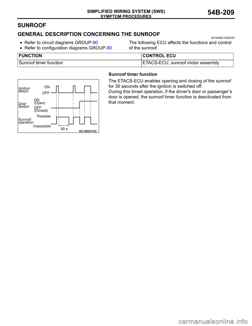 MITSUBISHI 380 2005 Owners Guide SYMPTOM PROCEDURES
SIMPLIFIED WIRING SYSTEM (SWS)54B-209
SUNROOF
GENERAL DESCRIPTION CONCERNING THE SUNROOFM1549021200223
Refer to circuit diagrams GROUP-90
Refer to configuration diagrams GROUP-80The MITSUBISHI 380 2005 Owners Guide SYMPTOM PROCEDURES
SIMPLIFIED WIRING SYSTEM (SWS)54B-209
SUNROOF
GENERAL DESCRIPTION CONCERNING THE SUNROOFM1549021200223
Refer to circuit diagrams GROUP-90
Refer to configuration diagrams GROUP-80The
