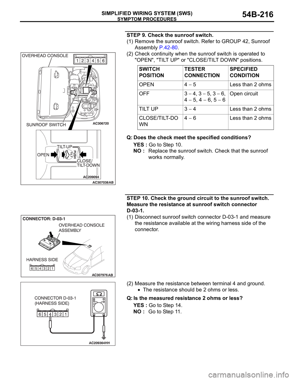 MITSUBISHI 380 2005 Workshop Manual SYMPTOM PROCEDURES
SIMPLIFIED WIRING SYSTEM (SWS)54B-216
STEP 9. Check the sunroof switch.
(1) Remove the sunroof switch. Refer to GROUP 42, Sunroof
Assembly P.42-80.
(2) Check continuity when the su MITSUBISHI 380 2005 Workshop Manual SYMPTOM PROCEDURES
SIMPLIFIED WIRING SYSTEM (SWS)54B-216
STEP 9. Check the sunroof switch.
(1) Remove the sunroof switch. Refer to GROUP 42, Sunroof
Assembly P.42-80.
(2) Check continuity when the su