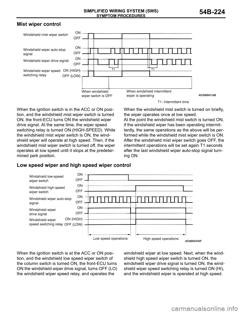 MITSUBISHI 380 2005 Owners Guide SYMPTOM PROCEDURES
SIMPLIFIED WIRING SYSTEM (SWS)54B-224
Mist wiper control
When the ignition switch is in the ACC or ON posi-
tion, and the windshield mist wiper switch is turned
ON, the front-ECU t MITSUBISHI 380 2005 Owners Guide SYMPTOM PROCEDURES
SIMPLIFIED WIRING SYSTEM (SWS)54B-224
Mist wiper control
When the ignition switch is in the ACC or ON posi-
tion, and the windshield mist wiper switch is turned
ON, the front-ECU t