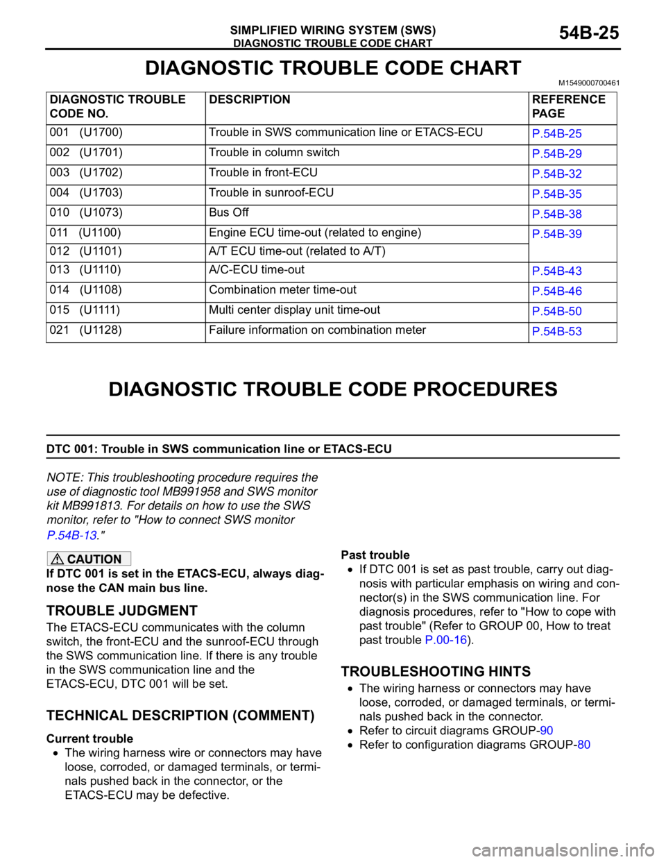 MITSUBISHI 380 2005  Workshop Manual DIAGNOSTIC TROUBLE CODE CHART
SIMPLIFIED WIRING SYSTEM (SWS)54B-25
DIAGNOSTIC TROUBLE CODE CHARTM1549000700461
DIAGNOSTIC TROUBLE CODE PROCEDURES
DTC 001: Trouble in SWS communication line or ETACS-EC