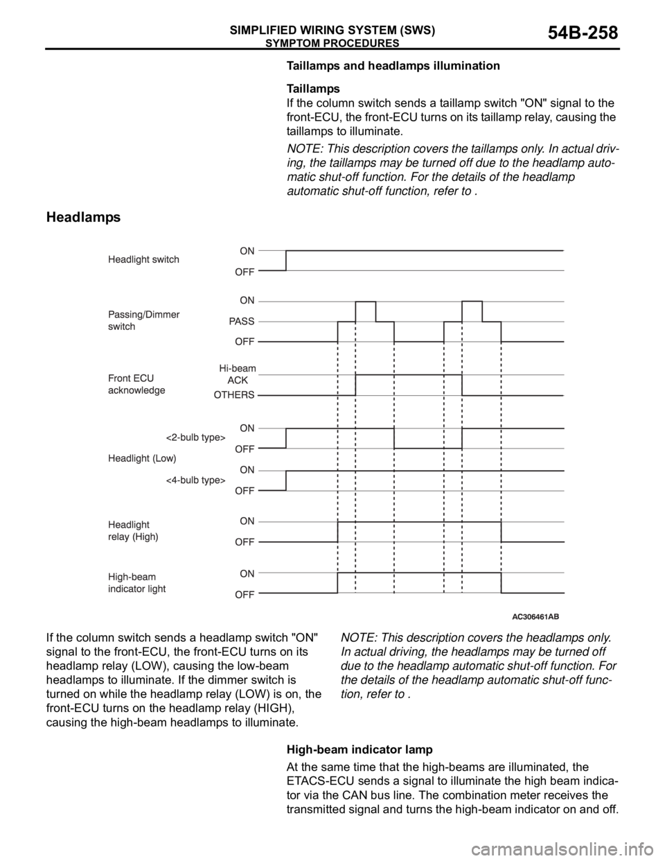 MITSUBISHI 380 2005 User Guide SYMPTOM PROCEDURES
SIMPLIFIED WIRING SYSTEM (SWS)54B-258
Taillamps and headlamps illumination
.
Taillamps
If the column switch sends a taillamp switch "ON" signal to the
front-ECU, the front- MITSUBISHI 380 2005 User Guide SYMPTOM PROCEDURES
SIMPLIFIED WIRING SYSTEM (SWS)54B-258
Taillamps and headlamps illumination
.
Taillamps
If the column switch sends a taillamp switch "ON" signal to the
front-ECU, the front-