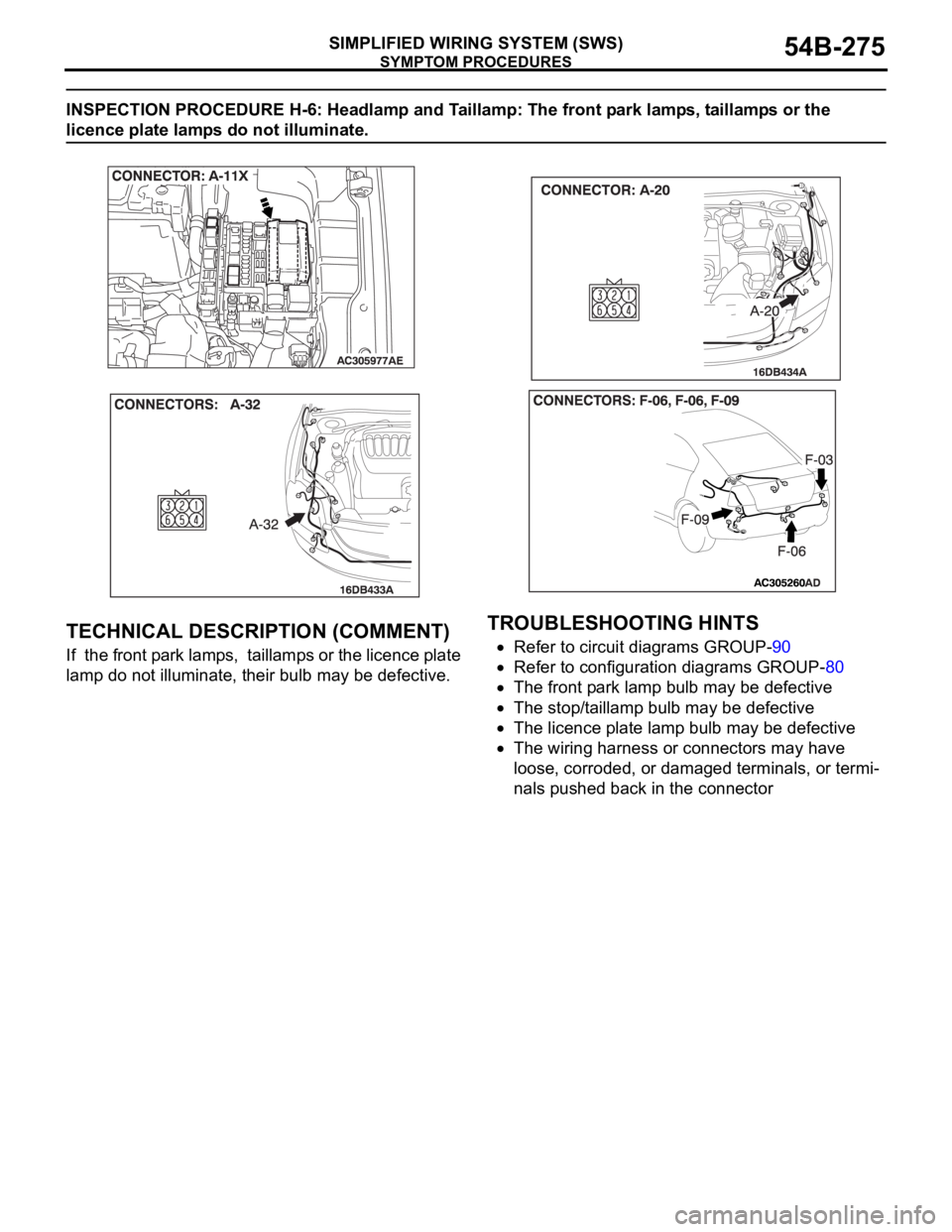MITSUBISHI 380 2005  Workshop Manual SYMPTOM PROCEDURES
SIMPLIFIED WIRING SYSTEM (SWS)54B-275
INSPECTION PROCEDURE H-6: Headlamp and Taillamp: The front park lamps, taillamps or the 
licence plate lamps do not illuminate.
.
TECHNICAL DES