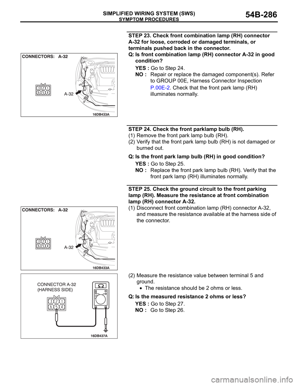 MITSUBISHI 380 2005 Workshop Manual SYMPTOM PROCEDURES
SIMPLIFIED WIRING SYSTEM (SWS)54B-286
STEP 23. Check front combination lamp (RH) connector
A-32 for loose, corroded or damaged terminals, or
terminals pushed back in the connector MITSUBISHI 380 2005 Workshop Manual SYMPTOM PROCEDURES
SIMPLIFIED WIRING SYSTEM (SWS)54B-286
STEP 23. Check front combination lamp (RH) connector
A-32 for loose, corroded or damaged terminals, or
terminals pushed back in the connector