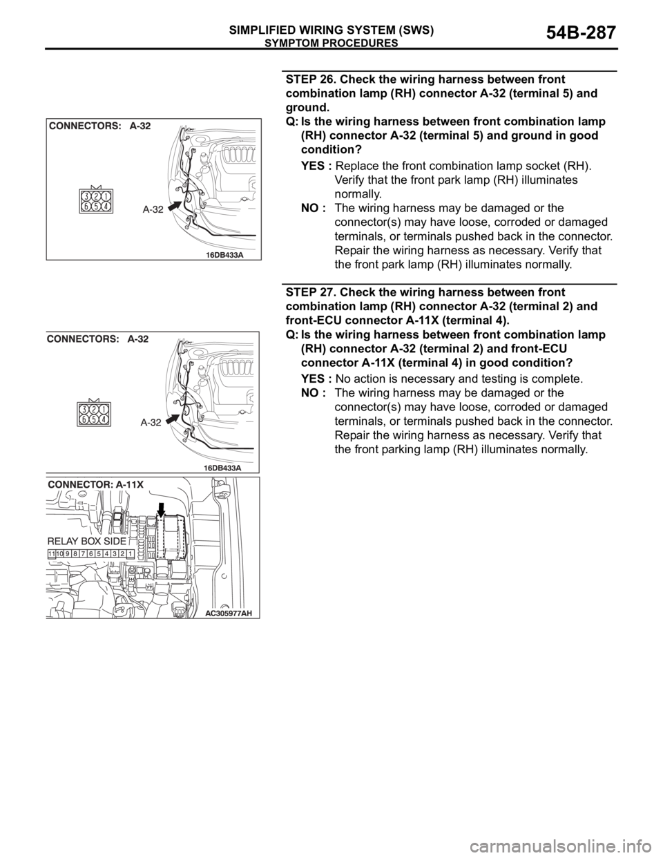 MITSUBISHI 380 2005  Workshop Manual SYMPTOM PROCEDURES
SIMPLIFIED WIRING SYSTEM (SWS)54B-287
STEP 26. Check the wiring harness between front 
combination lamp (RH) connector A-32 (terminal 5) and 
ground.
Q: Is the wiring harness betwee