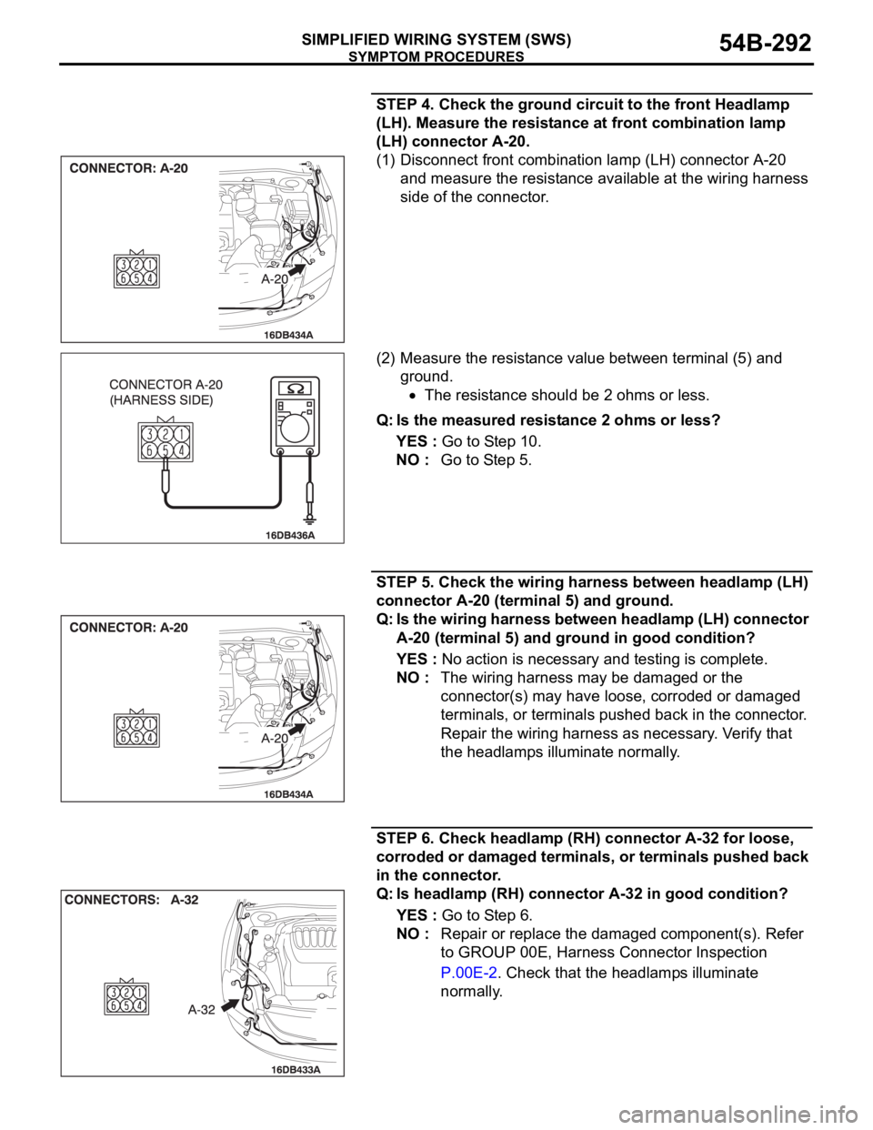 MITSUBISHI 380 2005 Workshop Manual SYMPTOM PROCEDURES
SIMPLIFIED WIRING SYSTEM (SWS)54B-292
STEP 4. Check the ground circuit to the front Headlamp
(LH). Measure the resistance at front combination lamp
(LH) connector A-20.
(1) Discon MITSUBISHI 380 2005 Workshop Manual SYMPTOM PROCEDURES
SIMPLIFIED WIRING SYSTEM (SWS)54B-292
STEP 4. Check the ground circuit to the front Headlamp
(LH). Measure the resistance at front combination lamp
(LH) connector A-20.
(1) Discon