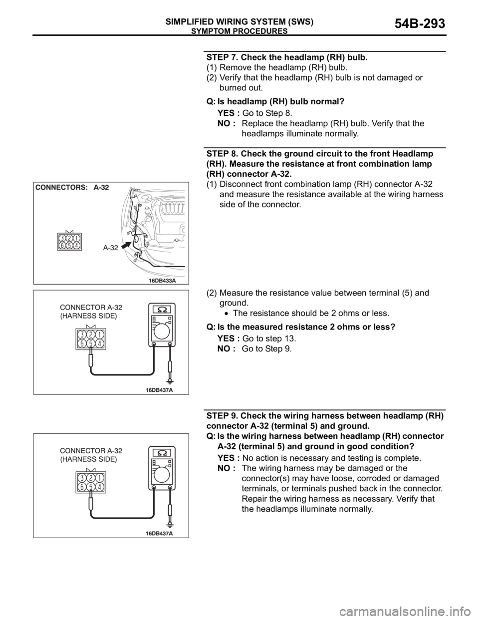 MITSUBISHI 380 2005 Workshop Manual SYMPTOM PROCEDURES
SIMPLIFIED WIRING SYSTEM (SWS)54B-293
STEP 7. Check the headlamp (RH) bulb.
(1) Remove the headlamp (RH) bulb.
(2) Verify that the headlamp (RH) bulb is not damaged or
burned out.
MITSUBISHI 380 2005 Workshop Manual SYMPTOM PROCEDURES
SIMPLIFIED WIRING SYSTEM (SWS)54B-293
STEP 7. Check the headlamp (RH) bulb.
(1) Remove the headlamp (RH) bulb.
(2) Verify that the headlamp (RH) bulb is not damaged or
burned out.