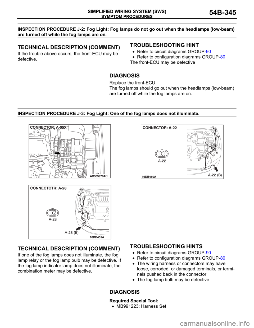 MITSUBISHI 380 2005  Workshop Manual SYMPTOM PROCEDURES
SIMPLIFIED WIRING SYSTEM (SWS)54B-345
INSPECTION PROCEDURE J-2: Fog Light: Fog lamps do not go out when the headlamps (low-beam) 
are turned off while the fog lamps are on.
.
TECHNI