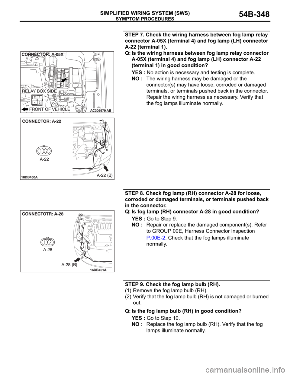 MITSUBISHI 380 2005 Service Manual SYMPTOM PROCEDURES
SIMPLIFIED WIRING SYSTEM (SWS)54B-348
STEP 7. Check the wiring harness between fog lamp relay
connector A-05X (terminal 4) and fog lamp (LH) connector
A-22 (terminal 1).
Q: Is the MITSUBISHI 380 2005 Service Manual SYMPTOM PROCEDURES
SIMPLIFIED WIRING SYSTEM (SWS)54B-348
STEP 7. Check the wiring harness between fog lamp relay
connector A-05X (terminal 4) and fog lamp (LH) connector
A-22 (terminal 1).
Q: Is the