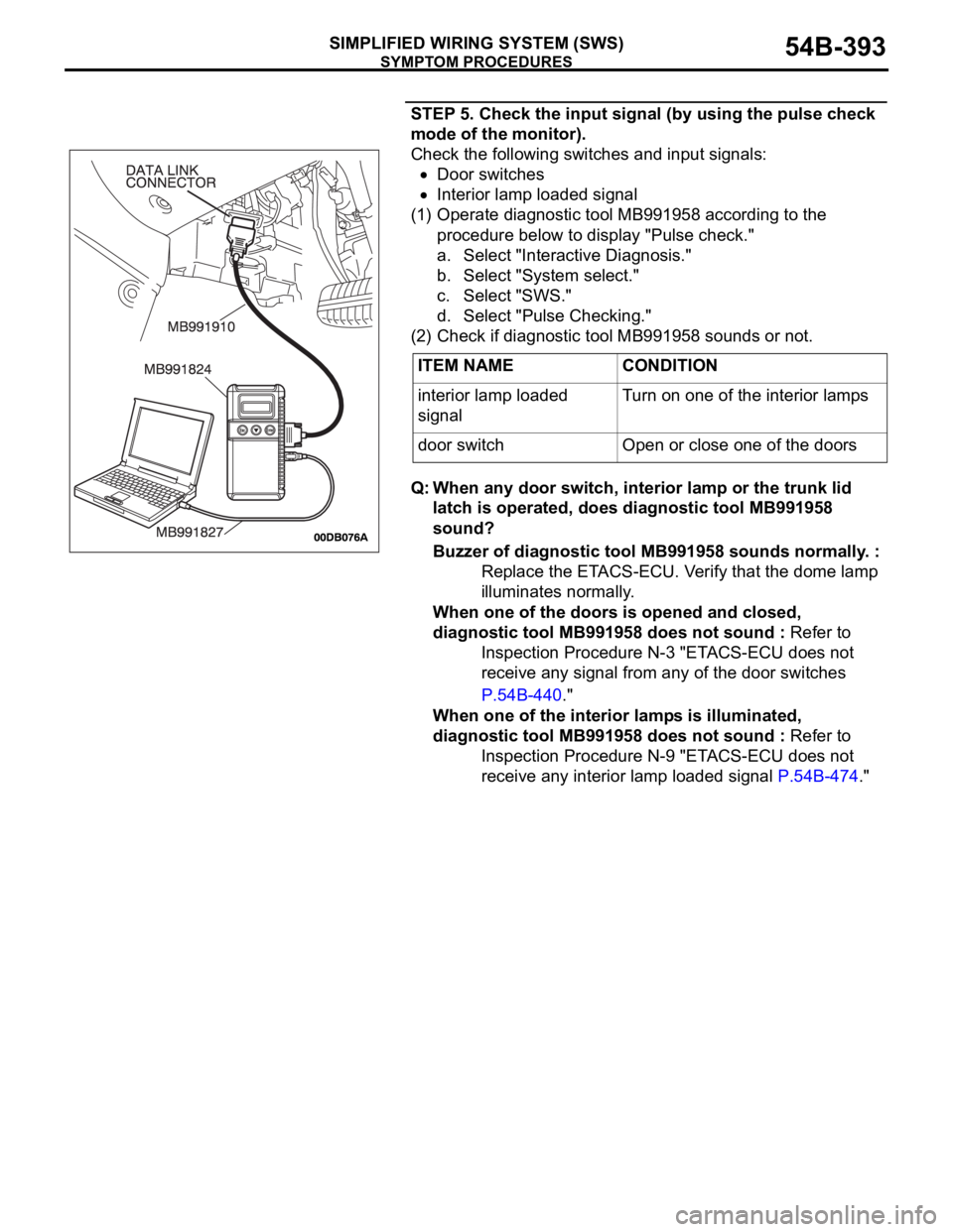 MITSUBISHI 380 2005 Workshop Manual SYMPTOM PROCEDURES
SIMPLIFIED WIRING SYSTEM (SWS)54B-393
STEP 5. Check the input signal (by using the pulse check
mode of the monitor).
Check the following switches and input signals:
Door switches
I MITSUBISHI 380 2005 Workshop Manual SYMPTOM PROCEDURES
SIMPLIFIED WIRING SYSTEM (SWS)54B-393
STEP 5. Check the input signal (by using the pulse check
mode of the monitor).
Check the following switches and input signals:
Door switches
I