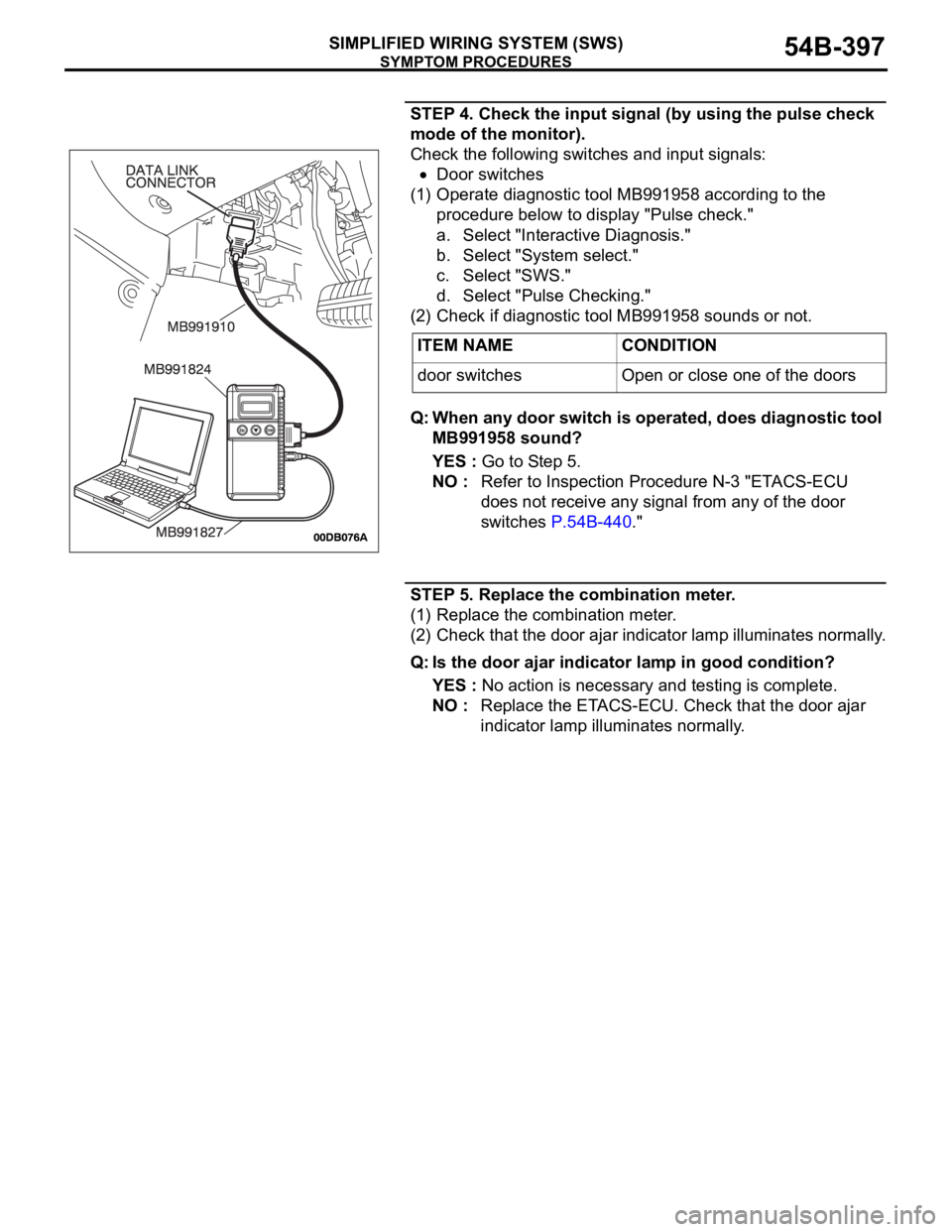 MITSUBISHI 380 2005 Owners Guide SYMPTOM PROCEDURES
SIMPLIFIED WIRING SYSTEM (SWS)54B-397
STEP 4. Check the input signal (by using the pulse check
mode of the monitor).
Check the following switches and input signals:
Door switches
( MITSUBISHI 380 2005 Owners Guide SYMPTOM PROCEDURES
SIMPLIFIED WIRING SYSTEM (SWS)54B-397
STEP 4. Check the input signal (by using the pulse check
mode of the monitor).
Check the following switches and input signals:
Door switches
(