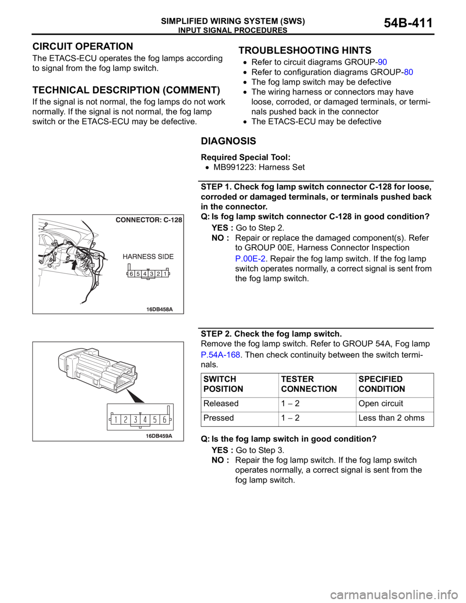 MITSUBISHI 380 2005  Workshop Manual INPUT SIGNAL PROCEDURES
SIMPLIFIED WIRING SYSTEM (SWS)54B-411
CIRCUIT OPERATION
The ETACS-ECU operates the fog lamps according 
to signal from the fog lamp switch.
.
TECHNICAL DESCRIPTION (COMMENT)
If