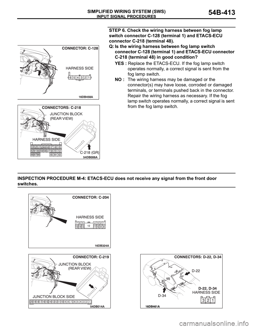 MITSUBISHI 380 2005  Workshop Manual INPUT SIGNAL PROCEDURES
SIMPLIFIED WIRING SYSTEM (SWS)54B-413
STEP 6. Check the wiring harness between fog lamp 
switch connector C-128 (terminal 1) and ETACS-ECU 
connector C-218 (terminal 48).
Q: Is