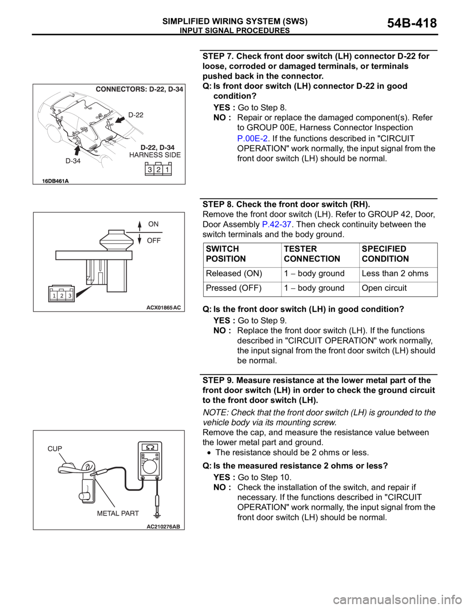 MITSUBISHI 380 2005  Workshop Manual INPUT SIGNAL PROCEDURES
SIMPLIFIED WIRING SYSTEM (SWS)54B-418
STEP 7. Check front door switch (LH) connector D-22 for 
loose, corroded or damaged terminals, or terminals 
pushed back in the connector.