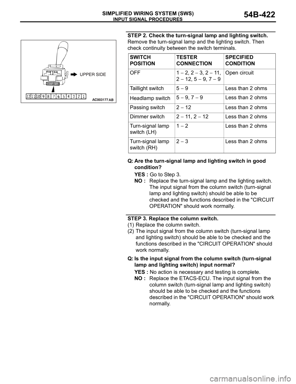 MITSUBISHI 380 2005 Repair Manual INPUT SIGNAL PROCEDURES
SIMPLIFIED WIRING SYSTEM (SWS)54B-422
STEP 2. Check the turn-signal lamp and lighting switch.
Remove the turn-signal lamp and the lighting switch. Then
check continuity betwee MITSUBISHI 380 2005 Repair Manual INPUT SIGNAL PROCEDURES
SIMPLIFIED WIRING SYSTEM (SWS)54B-422
STEP 2. Check the turn-signal lamp and lighting switch.
Remove the turn-signal lamp and the lighting switch. Then
check continuity betwee