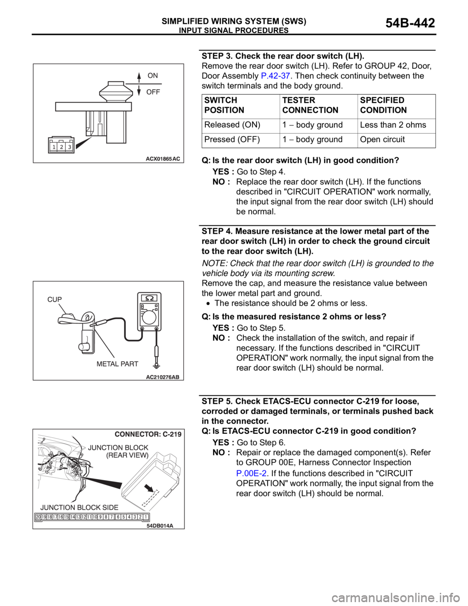 MITSUBISHI 380 2005  Workshop Manual INPUT SIGNAL PROCEDURES
SIMPLIFIED WIRING SYSTEM (SWS)54B-442
STEP 3. Check the rear door switch (LH).
Remove the rear door switch (LH). Refer to GROUP 42, Door, 
Door Assembly P.42-37. Then check con