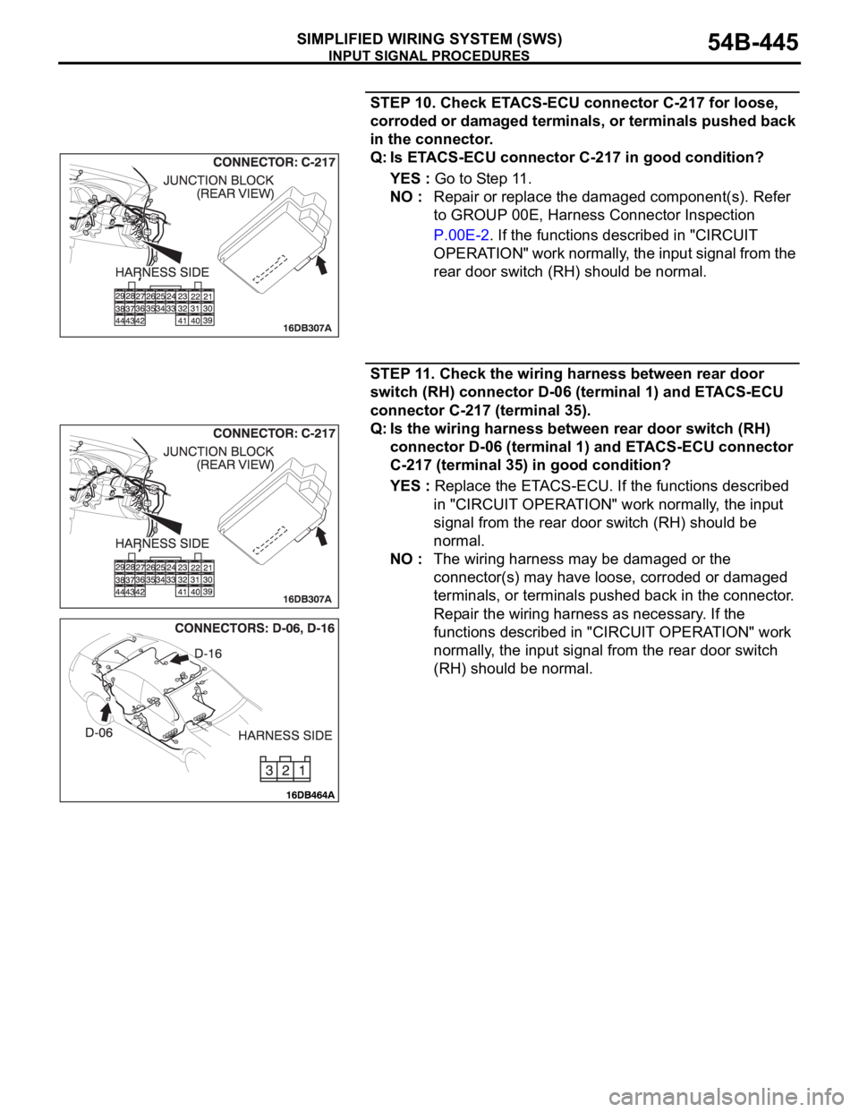 MITSUBISHI 380 2005  Workshop Manual INPUT SIGNAL PROCEDURES
SIMPLIFIED WIRING SYSTEM (SWS)54B-445
STEP 10. Check ETACS-ECU connector C-217 for loose, 
corroded or damaged terminals, or terminals pushed back 
in the connector.
Q: Is ETAC