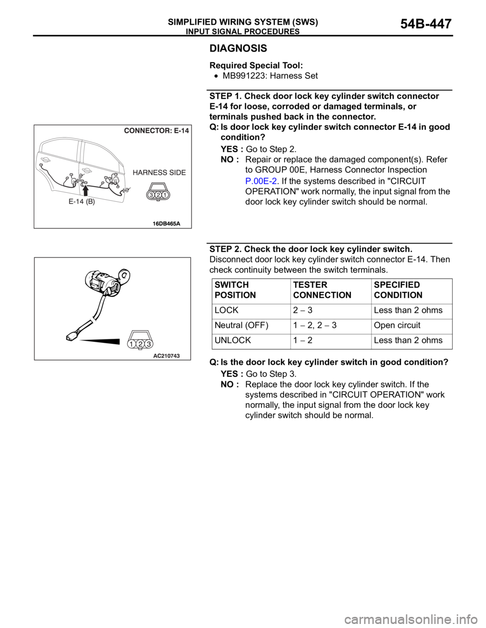 MITSUBISHI 380 2005 Repair Manual INPUT SIGNAL PROCEDURES
SIMPLIFIED WIRING SYSTEM (SWS)54B-447
DIAGNOSIS
Required Special Tool:
MB991223: Harness Set
STEP 1. Check door lock key cylinder switch connector
E-14 for loose, corroded or MITSUBISHI 380 2005 Repair Manual INPUT SIGNAL PROCEDURES
SIMPLIFIED WIRING SYSTEM (SWS)54B-447
DIAGNOSIS
Required Special Tool:
MB991223: Harness Set
STEP 1. Check door lock key cylinder switch connector
E-14 for loose, corroded or