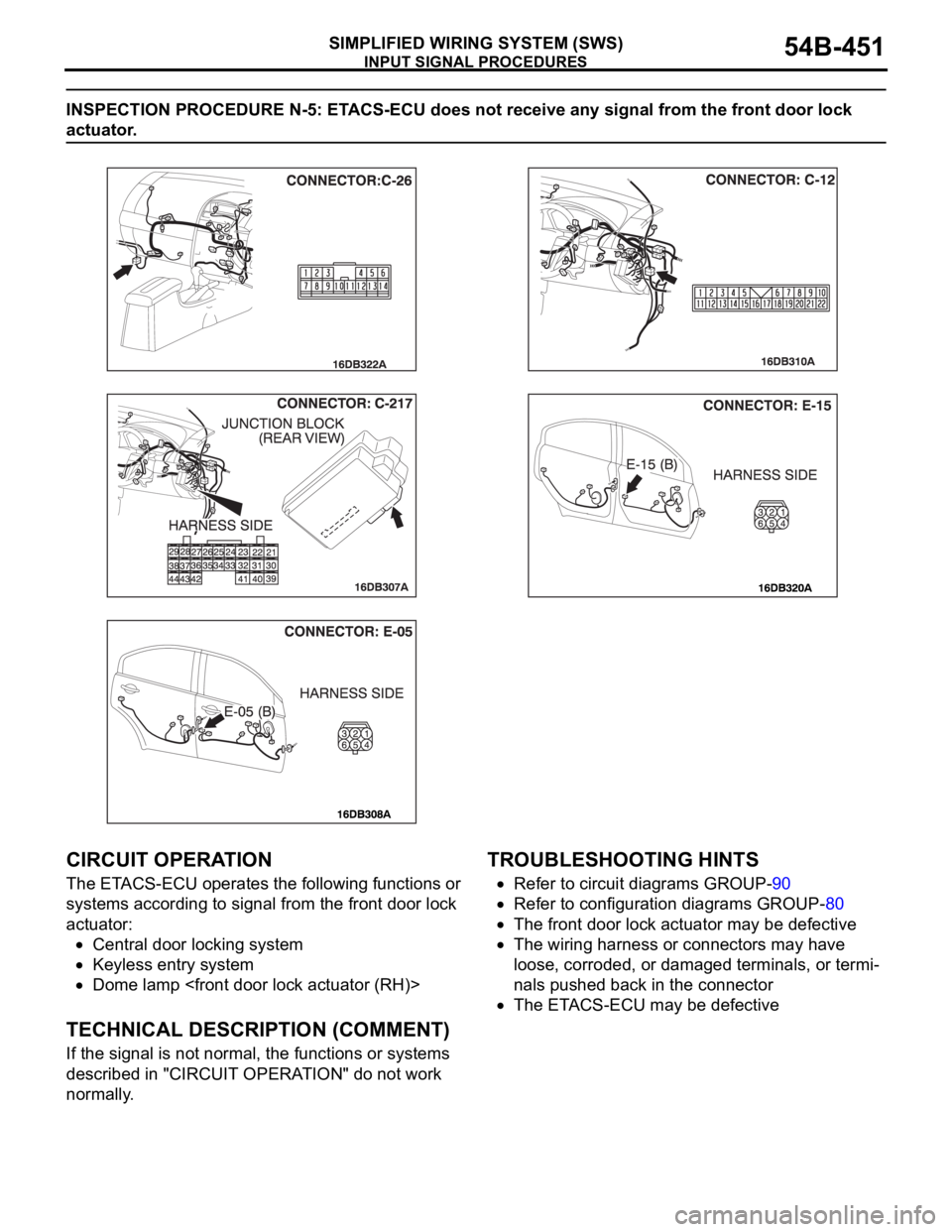 MITSUBISHI 380 2005 User Guide INPUT SIGNAL PROCEDURES
SIMPLIFIED WIRING SYSTEM (SWS)54B-451
INSPECTION PROCEDURE N-5: ETACS-ECU does not receive any signal from the front door lock
actuator.
.
CIRCUIT OPERATION
The ETACS-ECU oper MITSUBISHI 380 2005 User Guide INPUT SIGNAL PROCEDURES
SIMPLIFIED WIRING SYSTEM (SWS)54B-451
INSPECTION PROCEDURE N-5: ETACS-ECU does not receive any signal from the front door lock
actuator.
.
CIRCUIT OPERATION
The ETACS-ECU oper