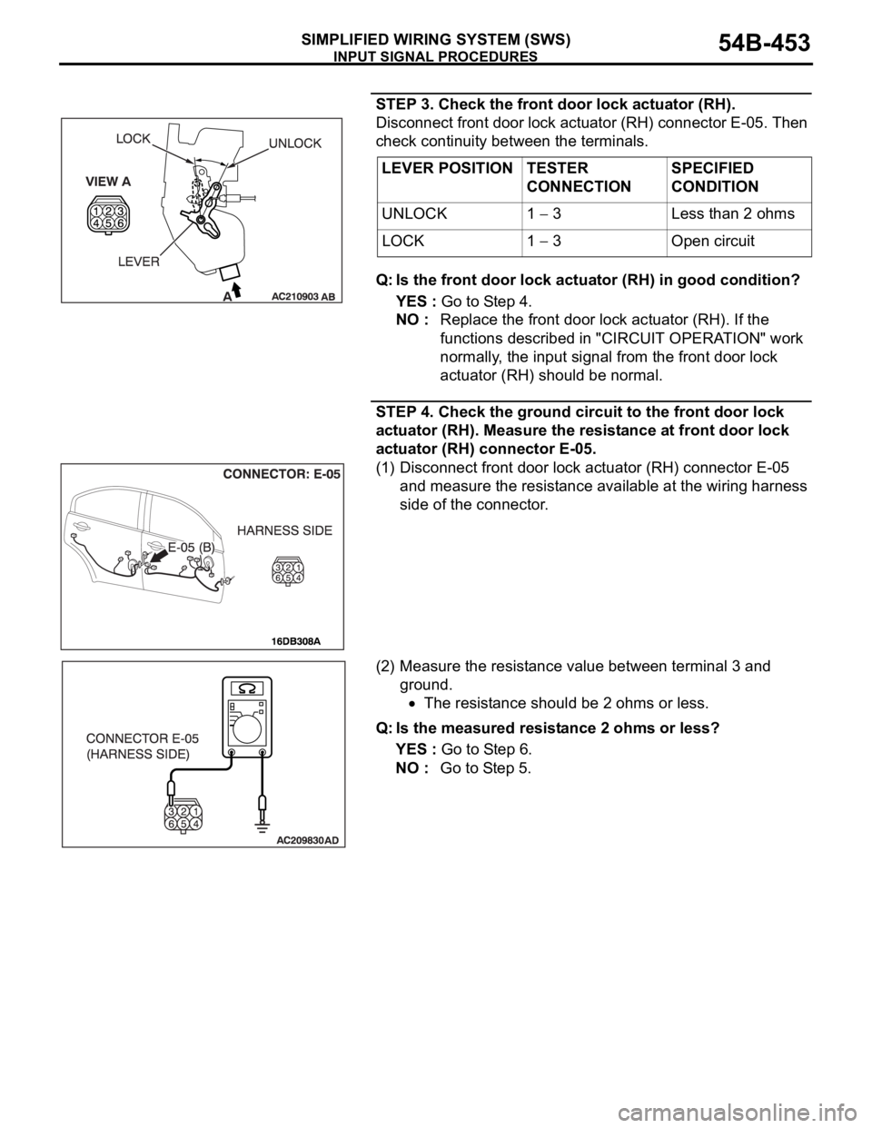 MITSUBISHI 380 2005  Workshop Manual INPUT SIGNAL PROCEDURES
SIMPLIFIED WIRING SYSTEM (SWS)54B-453
STEP 3. Check the front door lock actuator (RH).
Disconnect front door lock actuator (RH) connector E-05. Then 
check continuity between t
