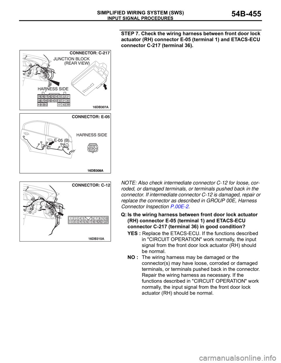 MITSUBISHI 380 2005  Workshop Manual INPUT SIGNAL PROCEDURES
SIMPLIFIED WIRING SYSTEM (SWS)54B-455
STEP 7. Check the wiring harness between front door lock 
actuator (RH) connector E-05 (terminal 1) and ETACS-ECU 
connector C-217 (termin