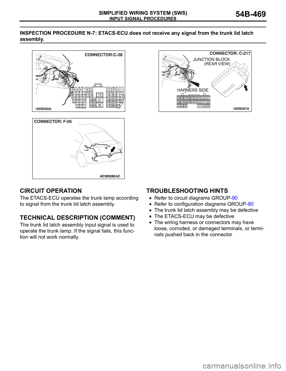 MITSUBISHI 380 2005  Workshop Manual INPUT SIGNAL PROCEDURES
SIMPLIFIED WIRING SYSTEM (SWS)54B-469
INSPECTION PROCEDURE N-7: ETACS-ECU does not receive any signal from the trunk lid latch 
assembly.
.
CIRCUIT OPERATION
The ETACS-ECU oper