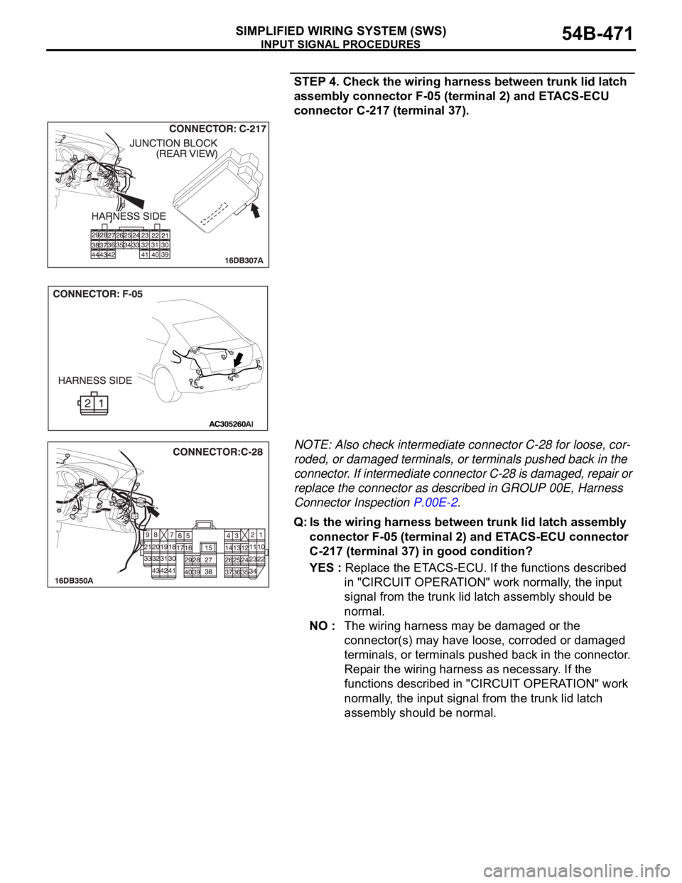MITSUBISHI 380 2005  Workshop Manual INPUT SIGNAL PROCEDURES
SIMPLIFIED WIRING SYSTEM (SWS)54B-471
STEP 4. Check the wiring harness between trunk lid latch 
assembly connector F-05 (terminal 2) and ETACS-ECU 
connector C-217 (terminal 37