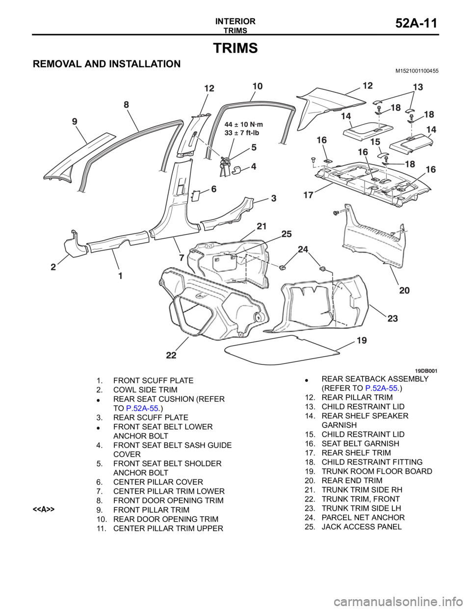 MITSUBISHI 380 2005 Owners Guide TRIMS
INTERIOR52A-11
TRIMS
REMOVAL AND INSTALLATIONM1521001100455
1. FRONT SCUFF PLATE
2. COWL SIDE TRIM
REAR SEAT CUSHION (REFER
TO P.52A-55.)
3. REAR SCUFF PLATE
FRONT SEAT BELT LOWER
ANCHOR BOLT
MITSUBISHI 380 2005 Owners Guide TRIMS
INTERIOR52A-11
TRIMS
REMOVAL AND INSTALLATIONM1521001100455
1. FRONT SCUFF PLATE
2. COWL SIDE TRIM
REAR SEAT CUSHION (REFER
TO P.52A-55.)
3. REAR SCUFF PLATE
FRONT SEAT BELT LOWER
ANCHOR BOLT