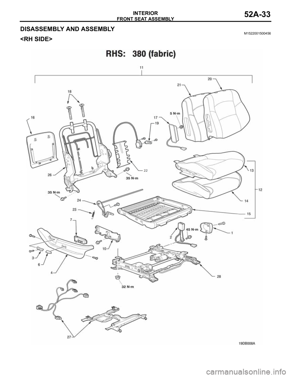 MITSUBISHI 380 2005 Repair Manual FRONT SEAT ASSEMBLY
INTERIOR52A-33
DISASSEMBLY AND ASSEMBLYM1522001500456
<RH SIDE> MITSUBISHI 380 2005 Repair Manual FRONT SEAT ASSEMBLY
INTERIOR52A-33
DISASSEMBLY AND ASSEMBLYM1522001500456
<RH SIDE>