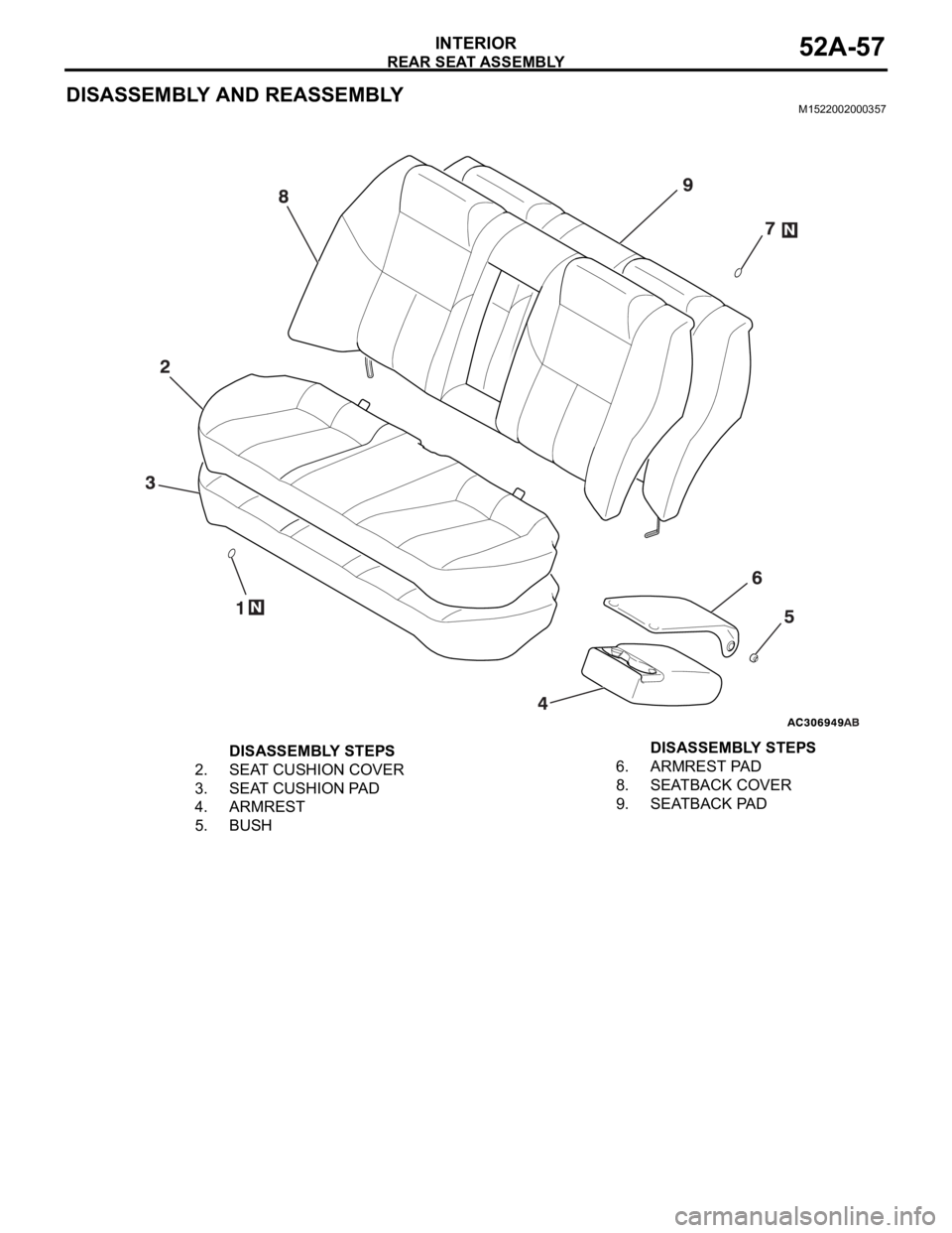 MITSUBISHI 380 2005 Manual Online REAR SEAT ASSEMBLY
INTERIOR52A-57
DISASSEMBLY AND REASSEMBLYM1522002000357
DISASSEMBLY STEPS
2. SEAT CUSHION COVER
3. SEAT CUSHION PAD
4. ARMREST
5. BUSH6. ARMREST PAD
8. SEATBACK COVER
9. SEATBACK PA