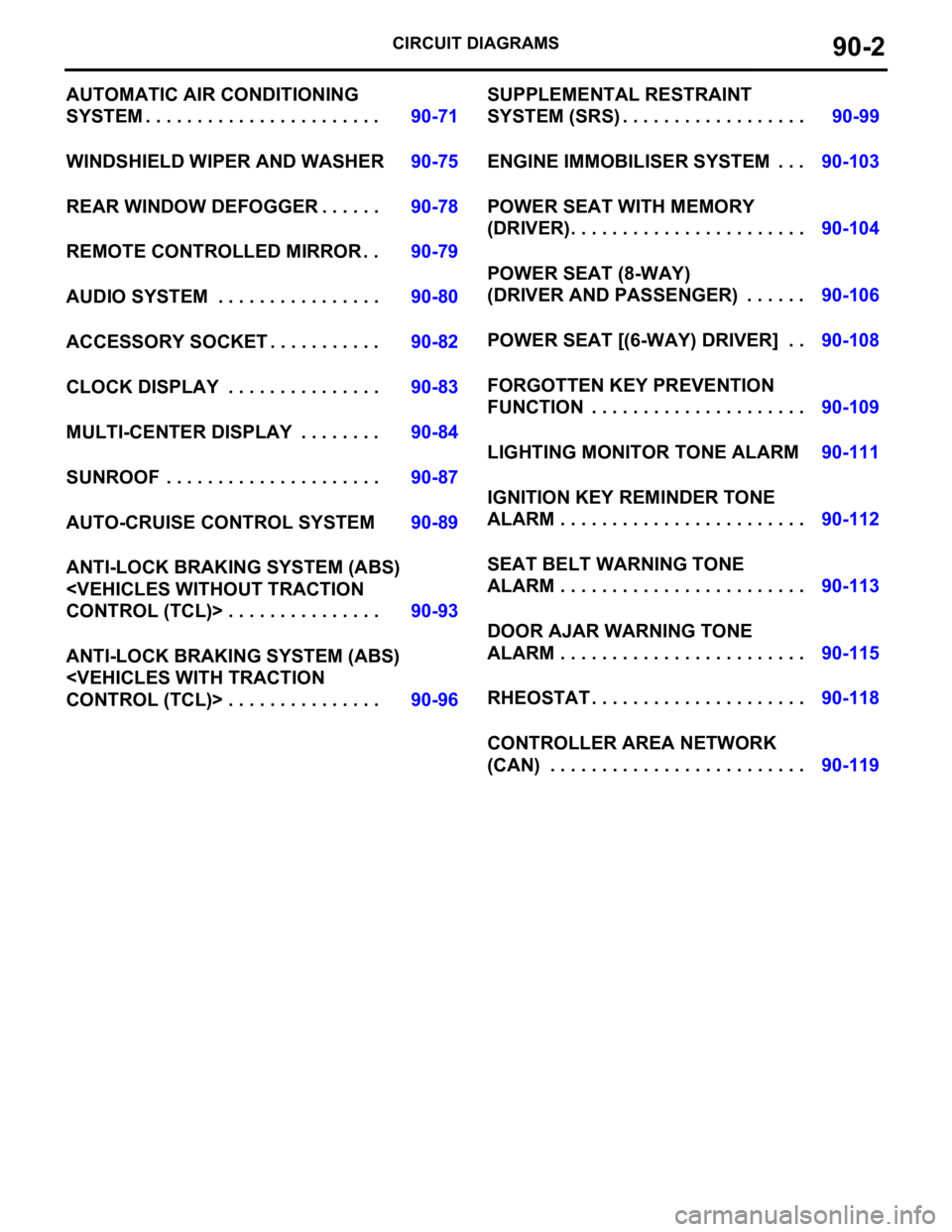 MITSUBISHI 380 2005 Manual PDF CIRCUIT DIAGRAMS90-2
AUTOMATIC AIR CONDITIONING
SYSTEM . . . . . . . . . . . . . . . . . . . . . . .90-71
WINDSHIELD WIPER AND WASHER90-75
REAR WINDOW DEFOGGER . . . . . .90-78
REMOTE CONTROLLED MIRR MITSUBISHI 380 2005 Manual PDF CIRCUIT DIAGRAMS90-2
AUTOMATIC AIR CONDITIONING
SYSTEM . . . . . . . . . . . . . . . . . . . . . . .90-71
WINDSHIELD WIPER AND WASHER90-75
REAR WINDOW DEFOGGER . . . . . .90-78
REMOTE CONTROLLED MIRR