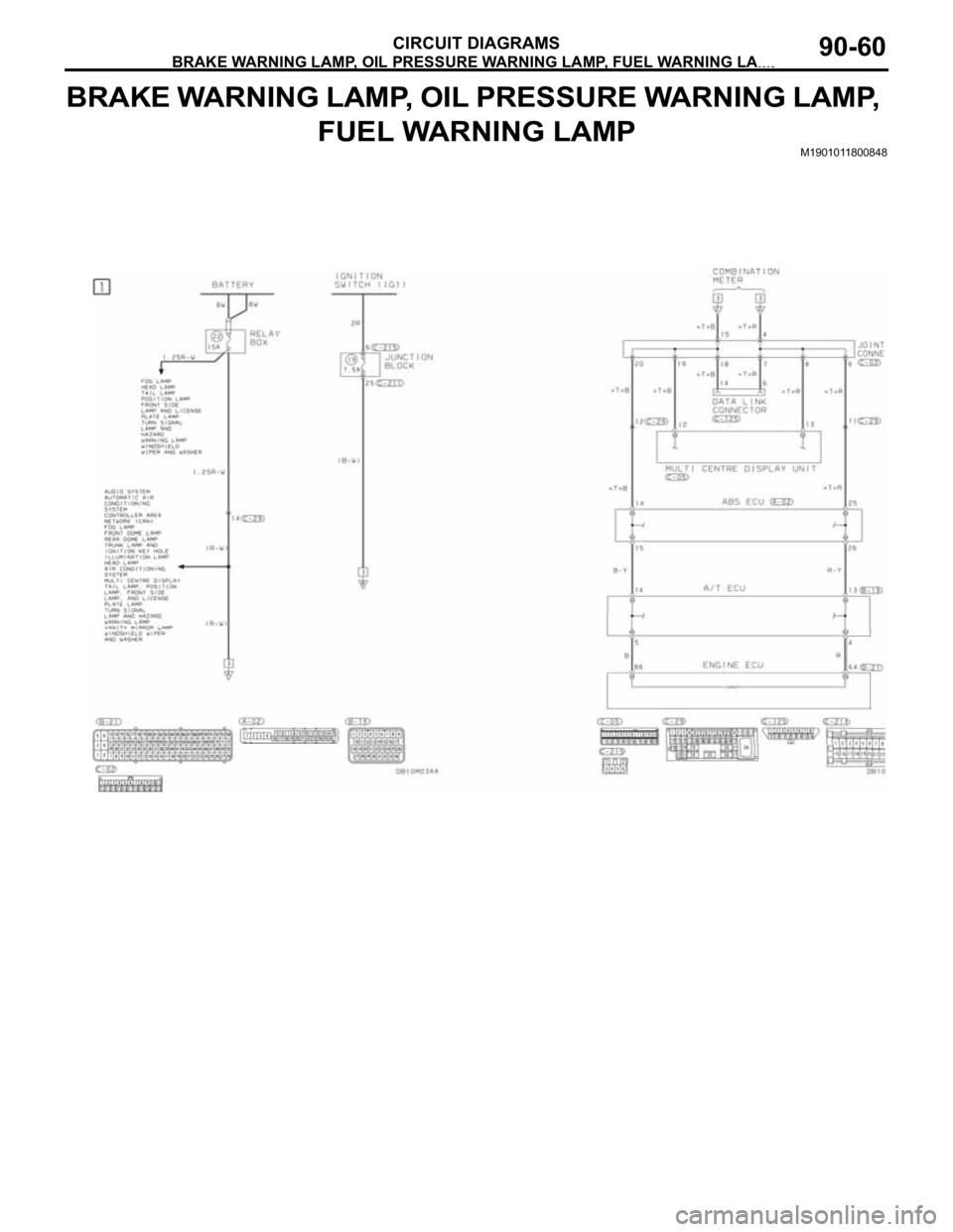 MITSUBISHI 380 2005 Workshop Manual BRAKE WARNING LAMP, OIL PRESSURE WARNING LAMP, FUEL WARNING LAMP
CIRCUIT DIAGRAMS90-60
BRAKE WARNING LAMP, OIL PRESSURE WARNING LAMP,
FUEL WARNING LAMP
M1901011800848 MITSUBISHI 380 2005 Workshop Manual BRAKE WARNING LAMP, OIL PRESSURE WARNING LAMP, FUEL WARNING LAMP
CIRCUIT DIAGRAMS90-60
BRAKE WARNING LAMP, OIL PRESSURE WARNING LAMP,
FUEL WARNING LAMP
M1901011800848