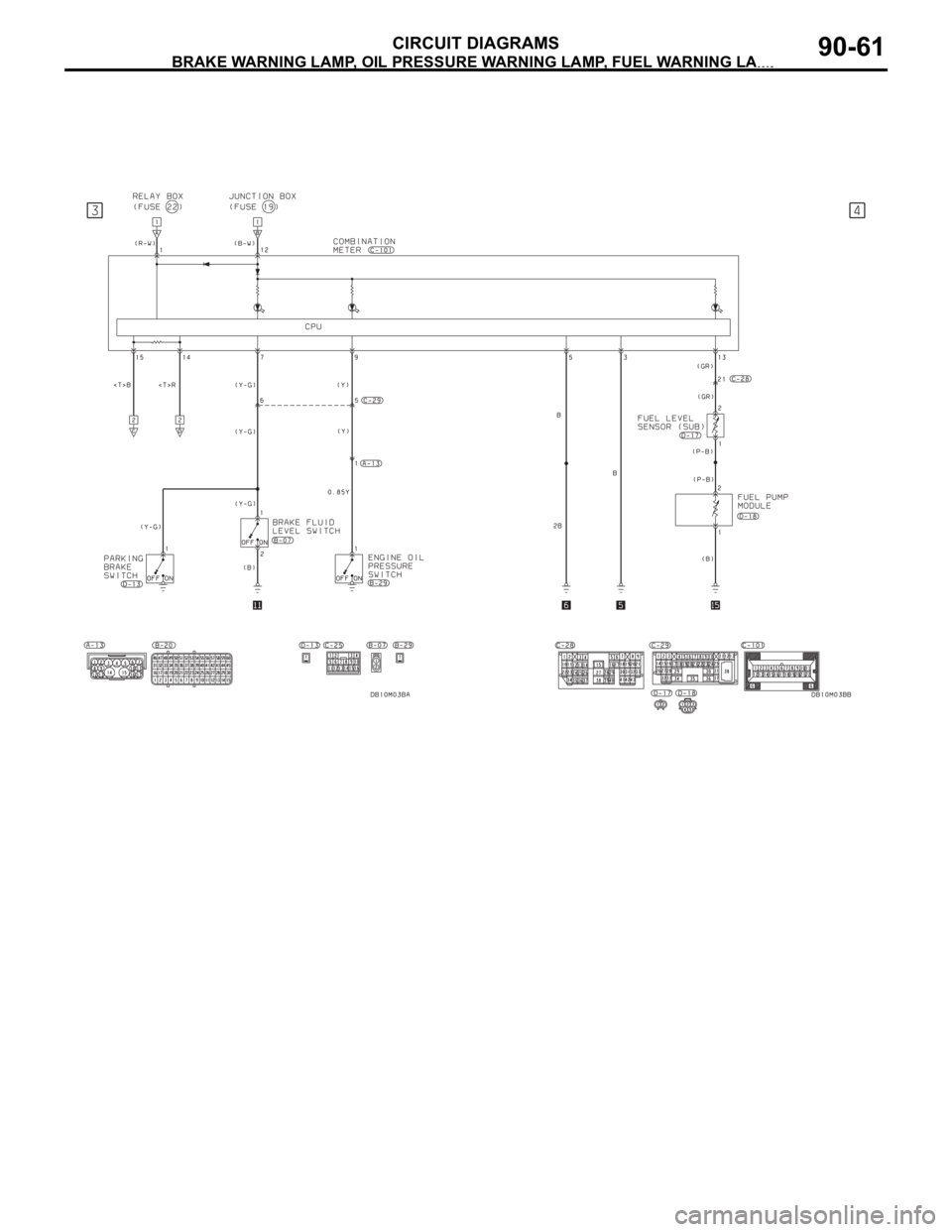 MITSUBISHI 380 2005  Workshop Manual BRAKE WARNING LAMP, OIL PRESSURE WARNING LAMP, FUEL WARNING LAMP
CIRCUIT DIAGRAMS90-61 