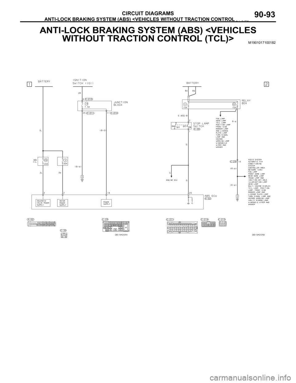 MITSUBISHI 380 2005 Workshop Manual ANTI-LOCK BRAKING SYSTEM (ABS) <VEHICLES WITHOUT TRACTION CONTROL (TCL)>
CIRCUIT DIAGRAMS90-93
ANTI-LOCK BRAKING SYSTEM (ABS) <VEHICLES
WITHOUT TRACTION CONTROL (TCL)>
M1901017100182 MITSUBISHI 380 2005 Workshop Manual ANTI-LOCK BRAKING SYSTEM (ABS) <VEHICLES WITHOUT TRACTION CONTROL (TCL)>
CIRCUIT DIAGRAMS90-93
ANTI-LOCK BRAKING SYSTEM (ABS) <VEHICLES
WITHOUT TRACTION CONTROL (TCL)>
M1901017100182