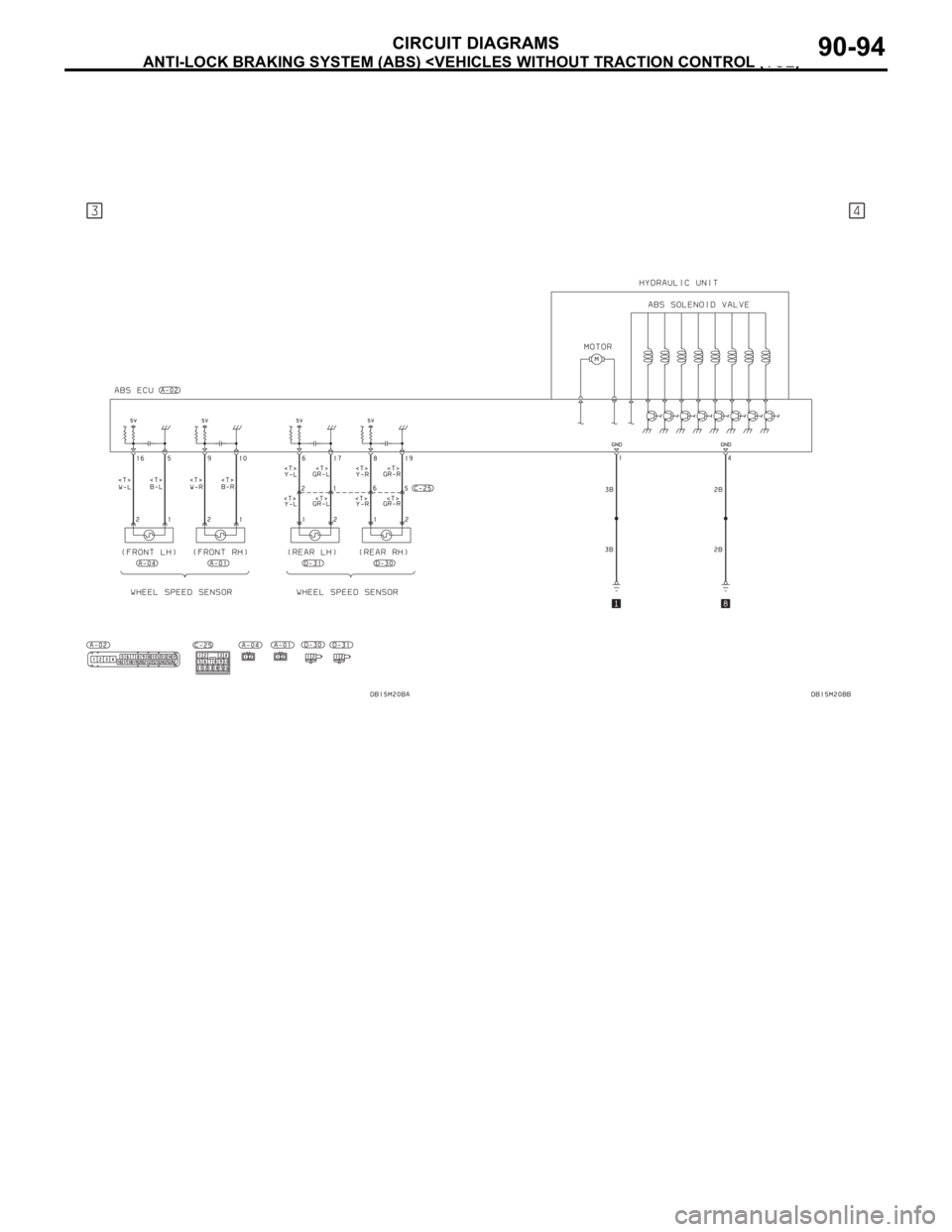 MITSUBISHI 380 2005 Workshop Manual ANTI-LOCK BRAKING SYSTEM (ABS) <VEHICLES WITHOUT TRACTION CONTROL (TCL)>
CIRCUIT DIAGRAMS90-94 MITSUBISHI 380 2005 Workshop Manual ANTI-LOCK BRAKING SYSTEM (ABS) <VEHICLES WITHOUT TRACTION CONTROL (TCL)>
CIRCUIT DIAGRAMS90-94