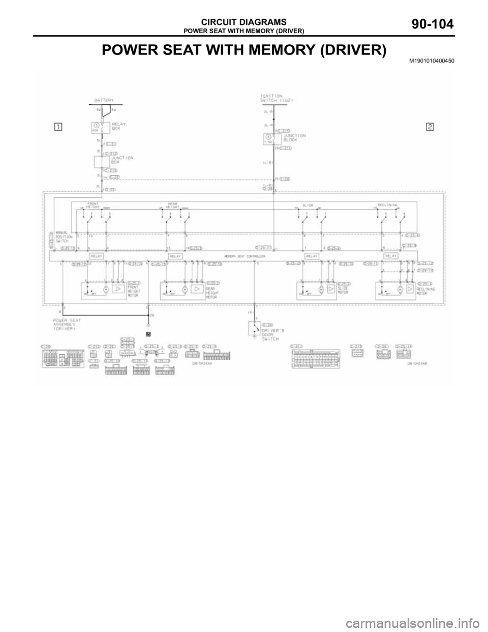 MITSUBISHI 380 2005 Workshop Manual POWER SEAT WITH MEMORY (DRIVER)
CIRCUIT DIAGRAMS90-104
POWER SEAT WITH MEMORY (DRIVER)M1901010400450 MITSUBISHI 380 2005 Workshop Manual POWER SEAT WITH MEMORY (DRIVER)
CIRCUIT DIAGRAMS90-104
POWER SEAT WITH MEMORY (DRIVER)M1901010400450