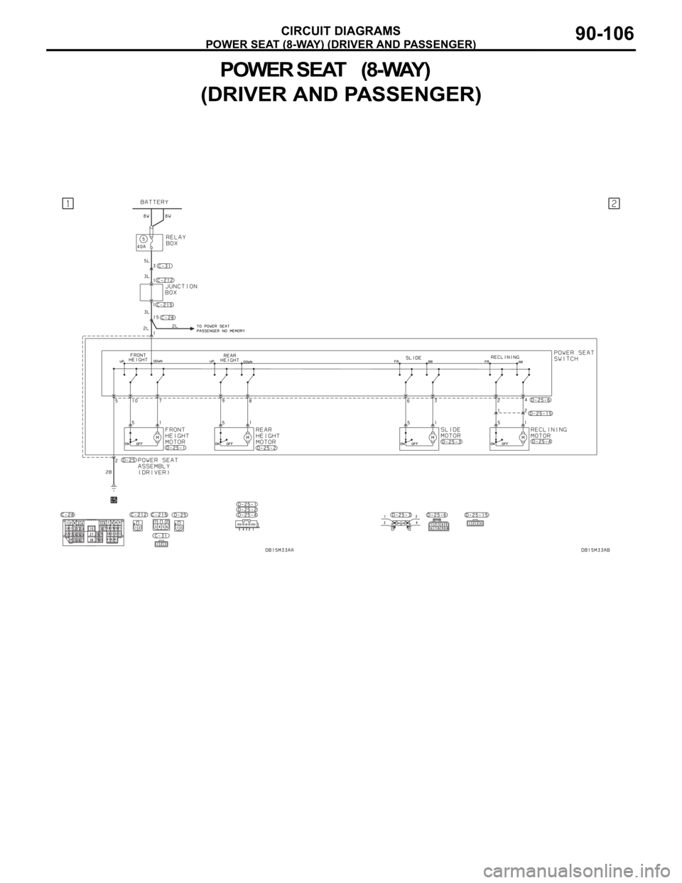 MITSUBISHI 380 2005 Workshop Manual POWER SEAT (8-WAY) (DRIVER AND PASSENGER)
CIRCUIT DIAGRAMS90-106
POWER SEAT (8-WAY)
(DRIVER AND PASSENGER) MITSUBISHI 380 2005 Workshop Manual POWER SEAT (8-WAY) (DRIVER AND PASSENGER)
CIRCUIT DIAGRAMS90-106
POWER SEAT (8-WAY)
(DRIVER AND PASSENGER)