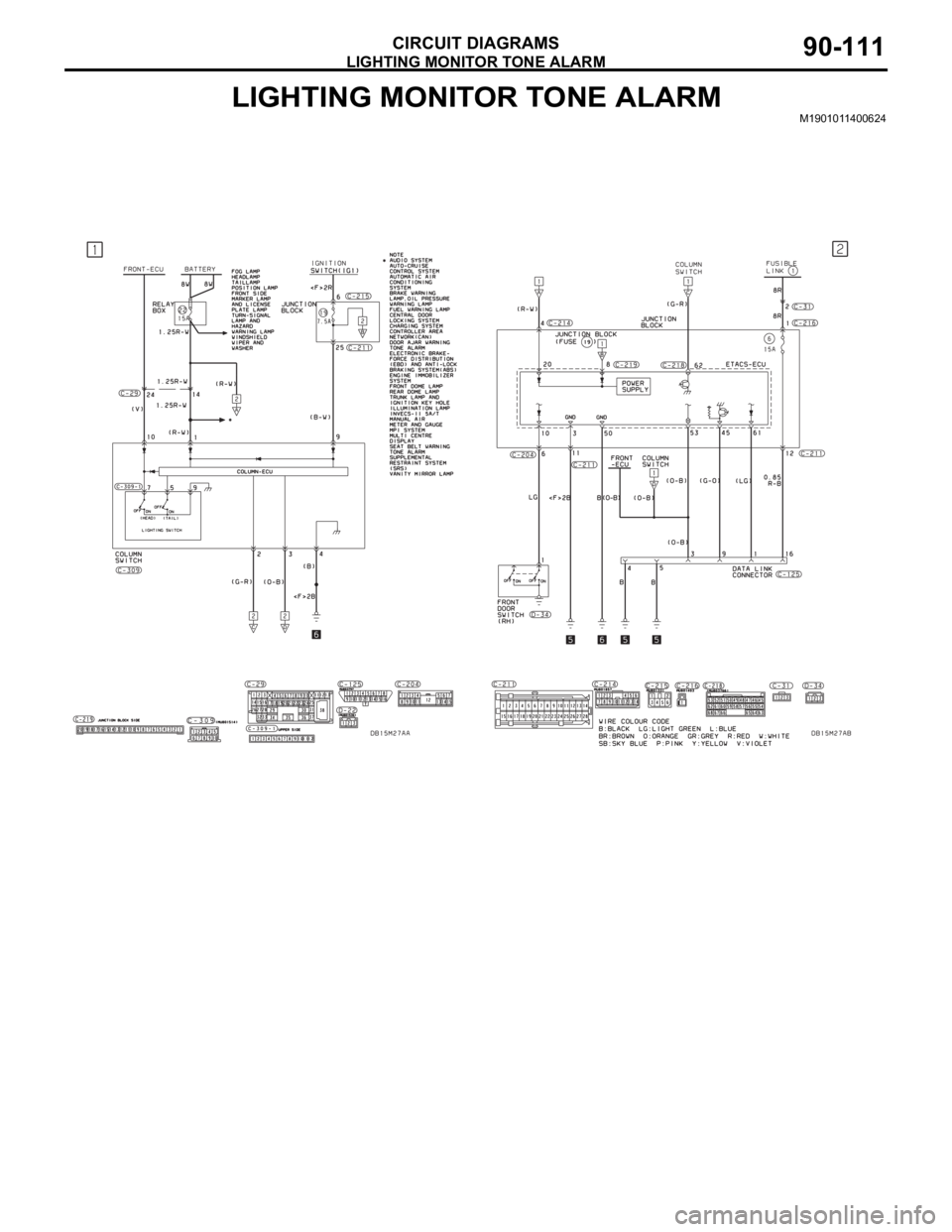 MITSUBISHI 380 2005 Workshop Manual LIGHTING MONITOR TONE ALARM
CIRCUIT DIAGRAMS90-111
LIGHTING MONITOR TONE ALARMM1901011400624 MITSUBISHI 380 2005 Workshop Manual LIGHTING MONITOR TONE ALARM
CIRCUIT DIAGRAMS90-111
LIGHTING MONITOR TONE ALARMM1901011400624