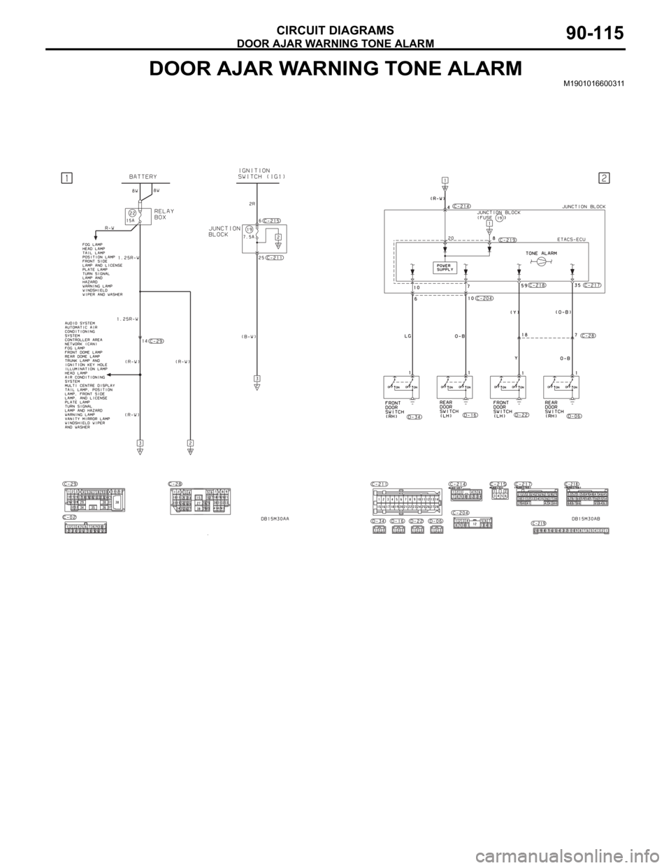 MITSUBISHI 380 2005 Workshop Manual DOOR AJAR WARNING TONE ALARM
CIRCUIT DIAGRAMS90-115
DOOR AJAR WARNING TONE ALARMM1901016600311 MITSUBISHI 380 2005 Workshop Manual DOOR AJAR WARNING TONE ALARM
CIRCUIT DIAGRAMS90-115
DOOR AJAR WARNING TONE ALARMM1901016600311