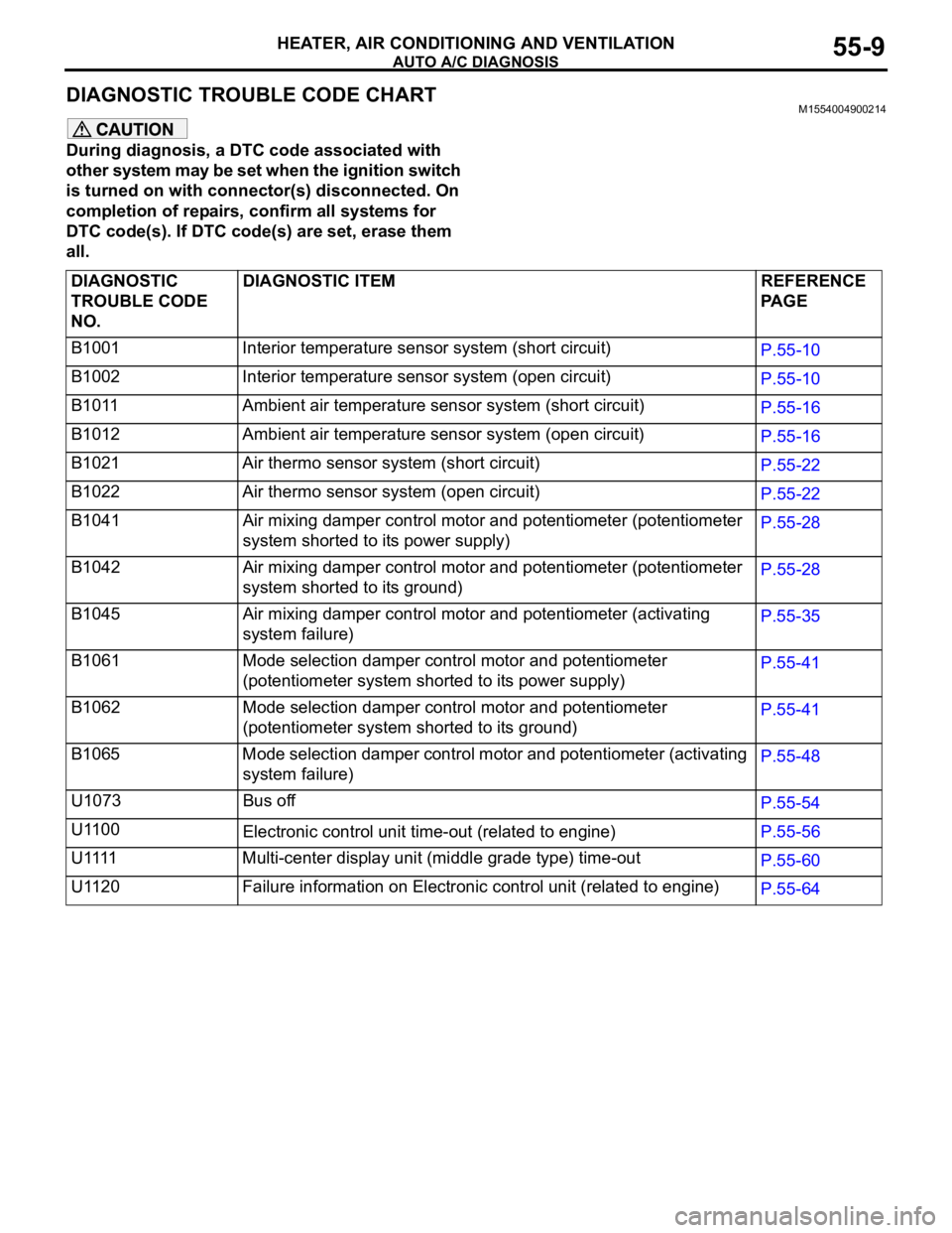 MITSUBISHI 380 2005 Manual Online AUTO A/C DIAGNOSIS
HEATER, AIR CONDITIONING AND VENTILATION55-9
DIAGNOSTIC TROUBLE CODE CHART M1554004900214
During diagnosis, a DTC code associated with
other system may be set when the ignition swi MITSUBISHI 380 2005 Manual Online AUTO A/C DIAGNOSIS
HEATER, AIR CONDITIONING AND VENTILATION55-9
DIAGNOSTIC TROUBLE CODE CHART M1554004900214
During diagnosis, a DTC code associated with
other system may be set when the ignition swi