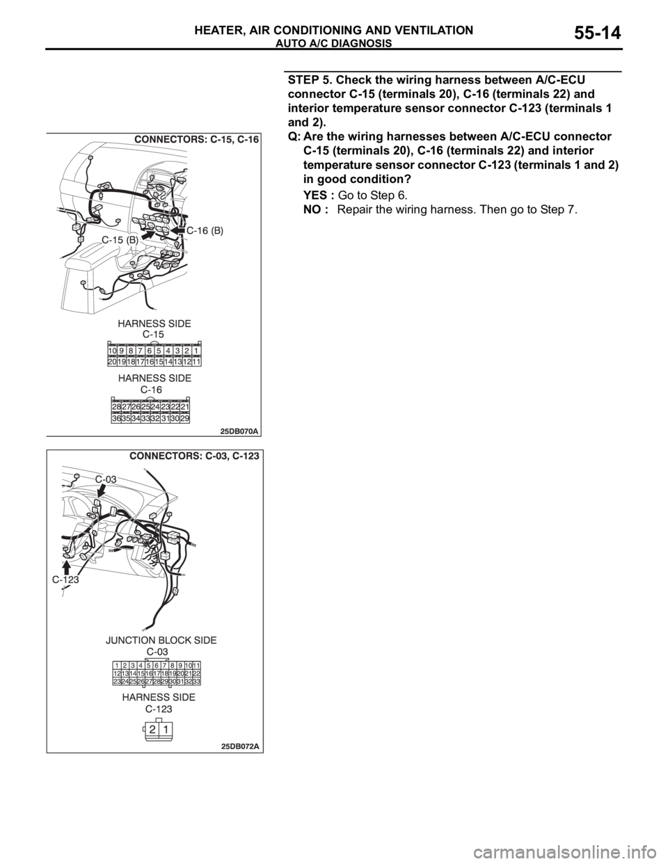 MITSUBISHI 380 2005 User Guide AUTO A/C DIAGNOSIS
HEATER, AIR CONDITIONING AND VENTILATION55-14
STEP 5. Check the wiring harness between A/C-ECU 
connector C-15 (terminals 20), C-16 (terminals 22) and 
interior temperature sensor c