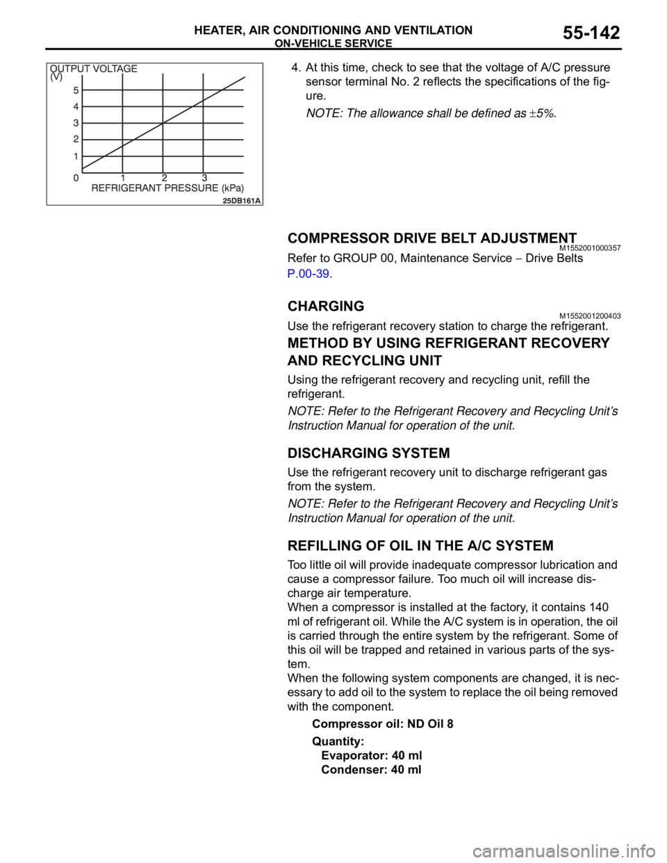 MITSUBISHI 380 2005 User Guide ON-VEHICLE SERVICE
HEATER, AIR CONDITIONING AND VENTILATION55-142
4. At this time, check to see that the voltage of A/C pressure
sensor terminal No. 2 reflects the specifications of the fig-
ure.
NOT MITSUBISHI 380 2005 User Guide ON-VEHICLE SERVICE
HEATER, AIR CONDITIONING AND VENTILATION55-142
4. At this time, check to see that the voltage of A/C pressure
sensor terminal No. 2 reflects the specifications of the fig-
ure.
NOT